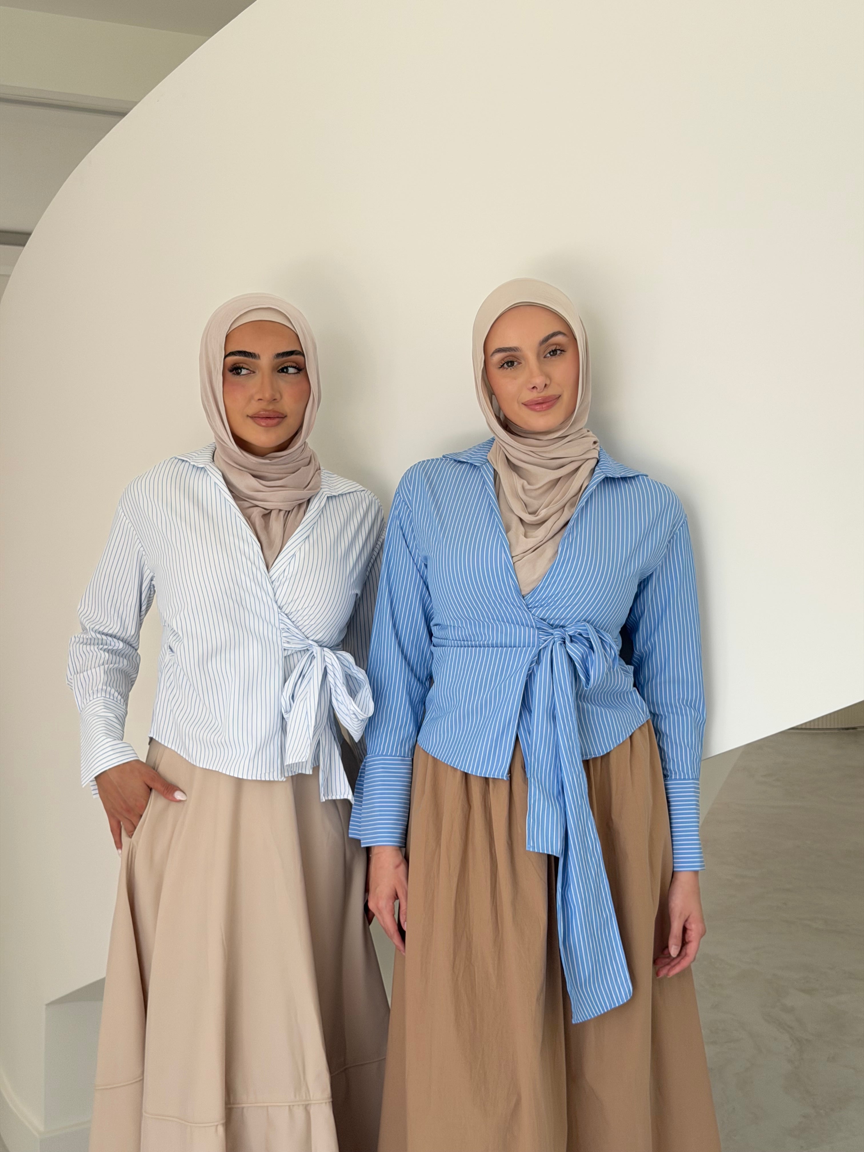 women's wrap tie, pinstripe shirt in sky blue and white for spring summer days - casual, semi-formal and cooperate modest fashion look. hijabi fiendly.