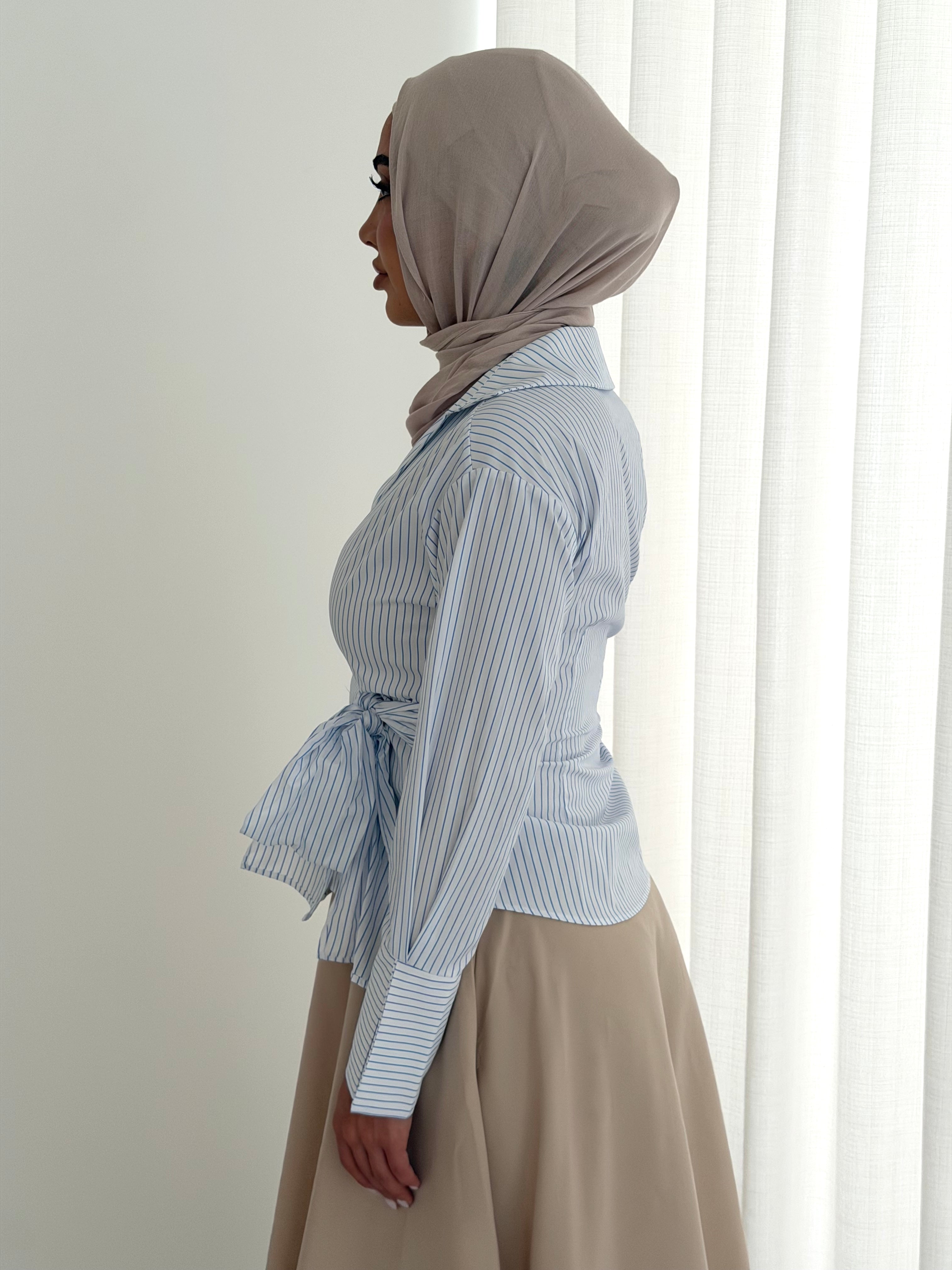 women's wrap tie, pinstripe shirt in sky blue and white for spring summer days - casual, semi-formal and cooperate modest fashion look. hijabi fiendly.