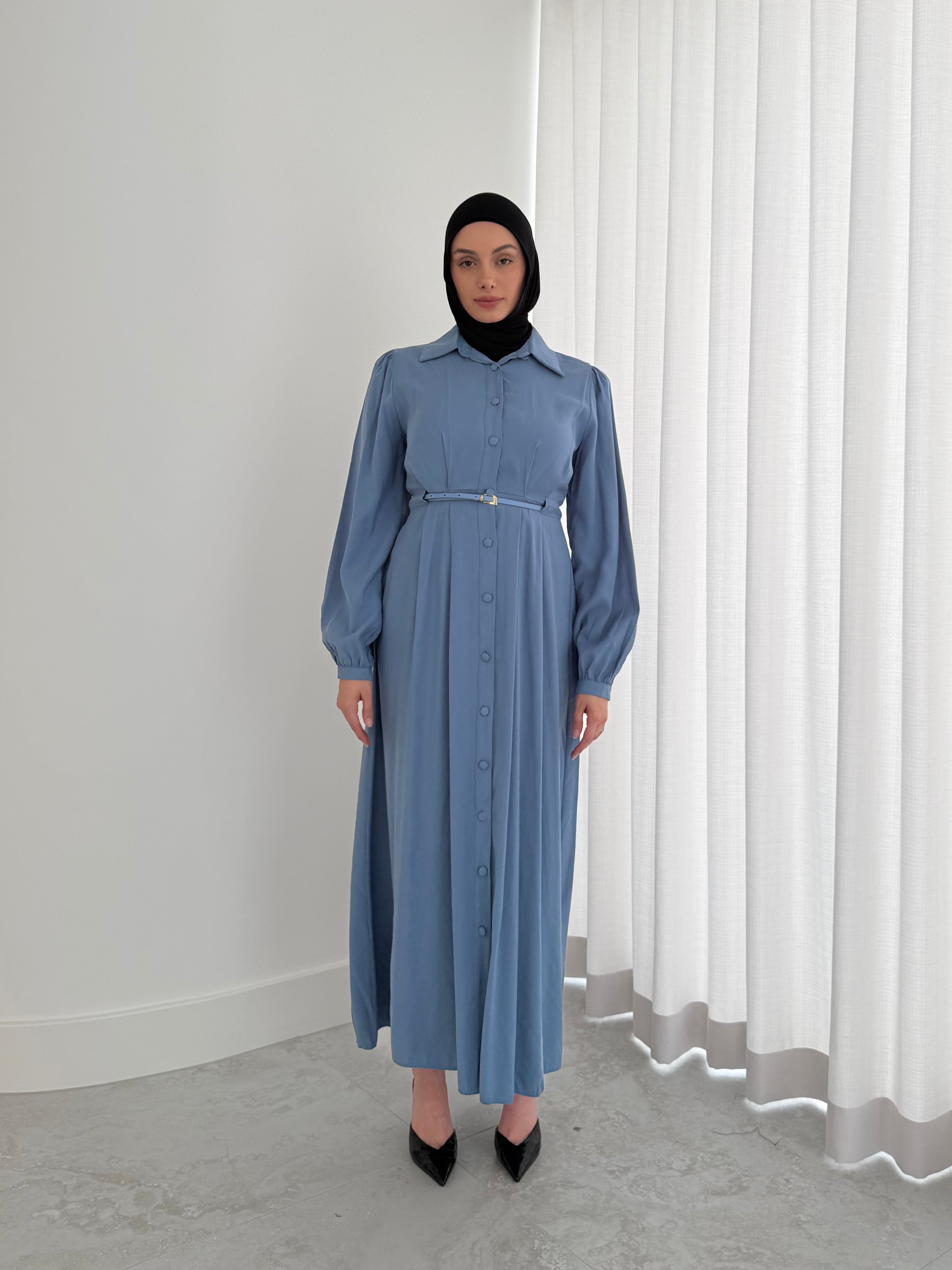 women's maxi dull length dress for spring/summer, with collar, long sleeves and centre front buttons. Dress is modest and hijabi friendly, feminine and lightweight.