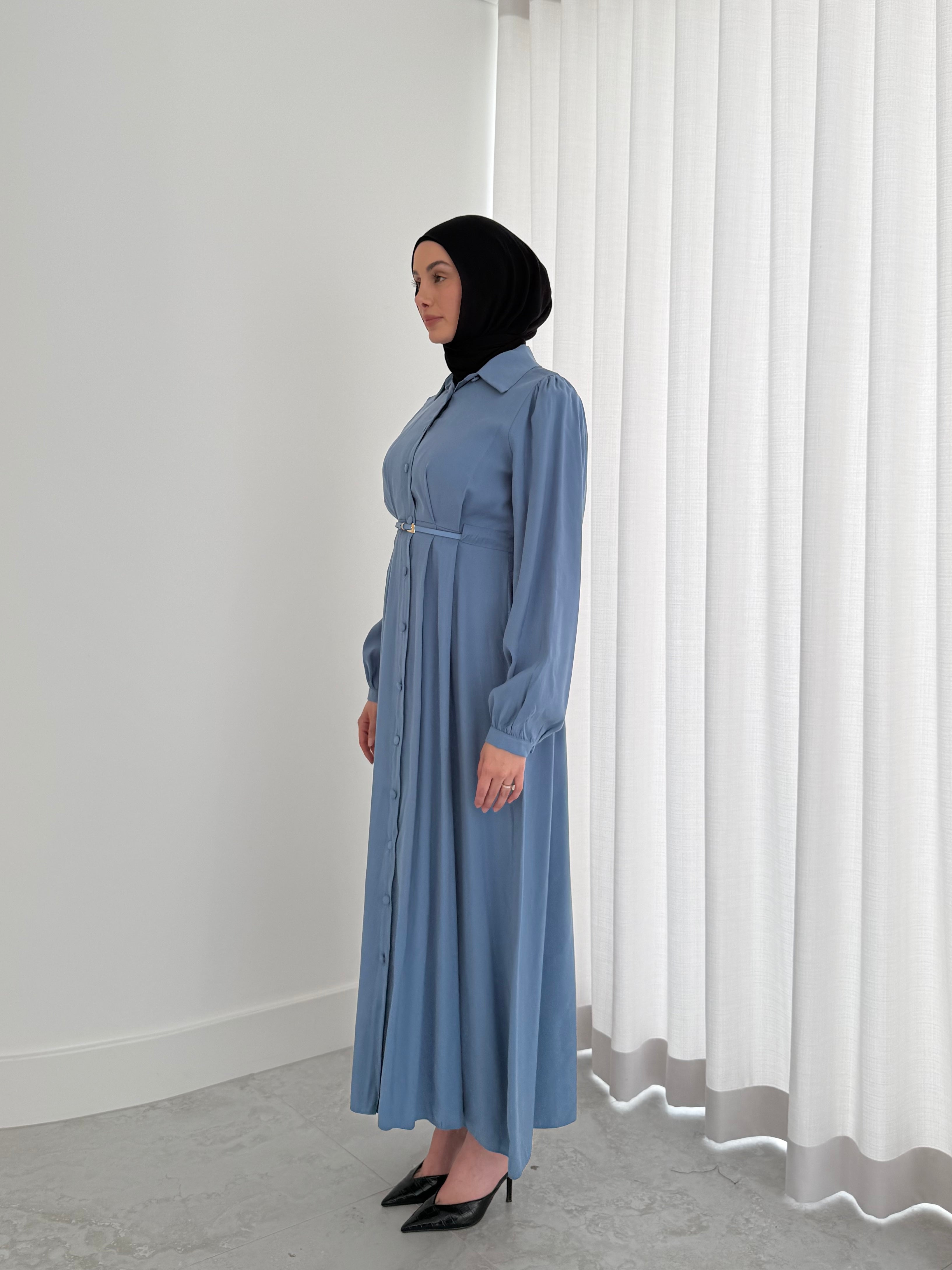 women's maxi dull length dress for spring/summer, with collar, long sleeves and centre front buttons. Dress is modest and hijabi friendly, feminine and lightweight.