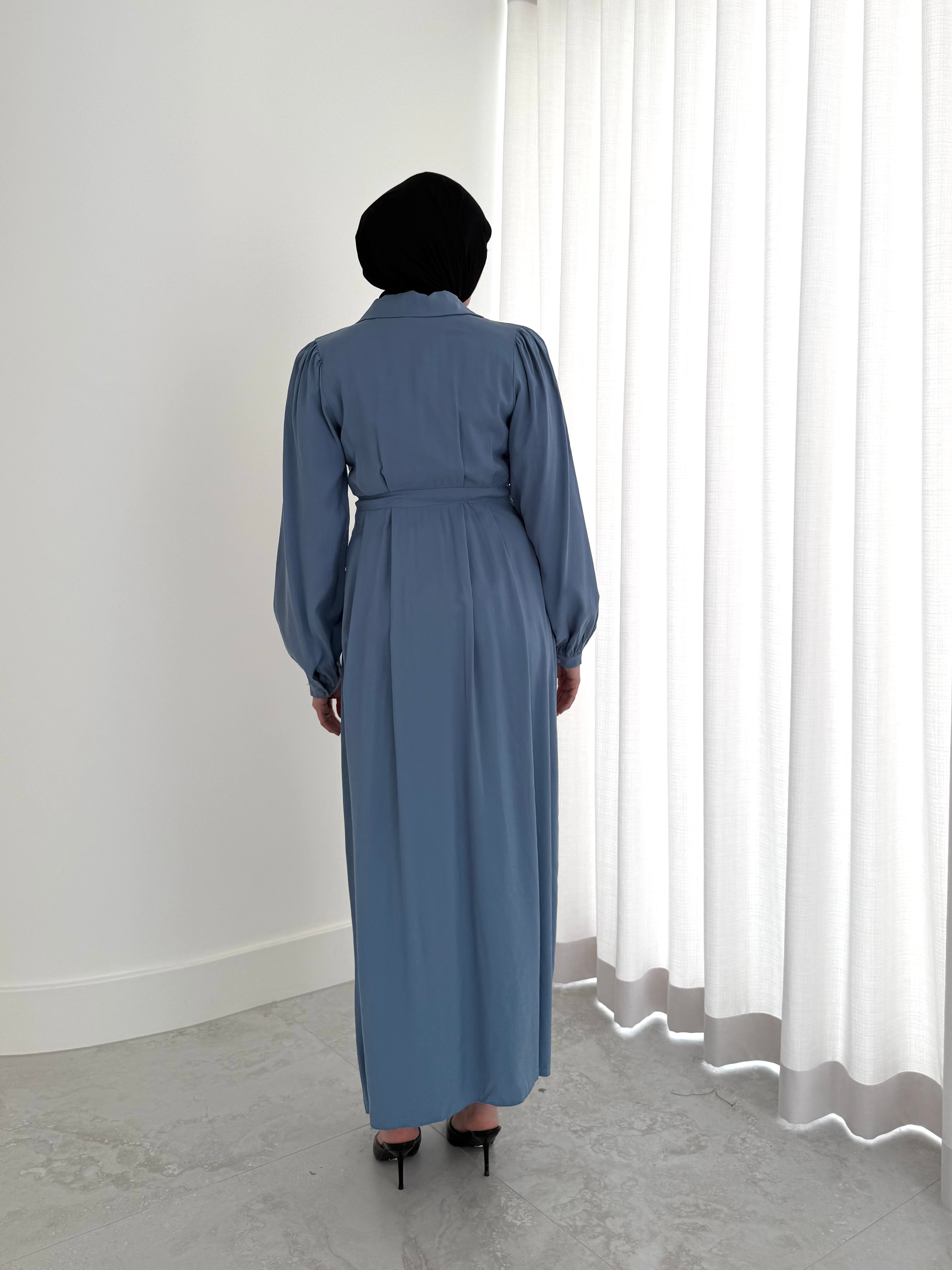 women's maxi dull length dress for spring/summer, with collar, long sleeves and centre front buttons. Dress is modest and hijabi friendly, feminine and lightweight.