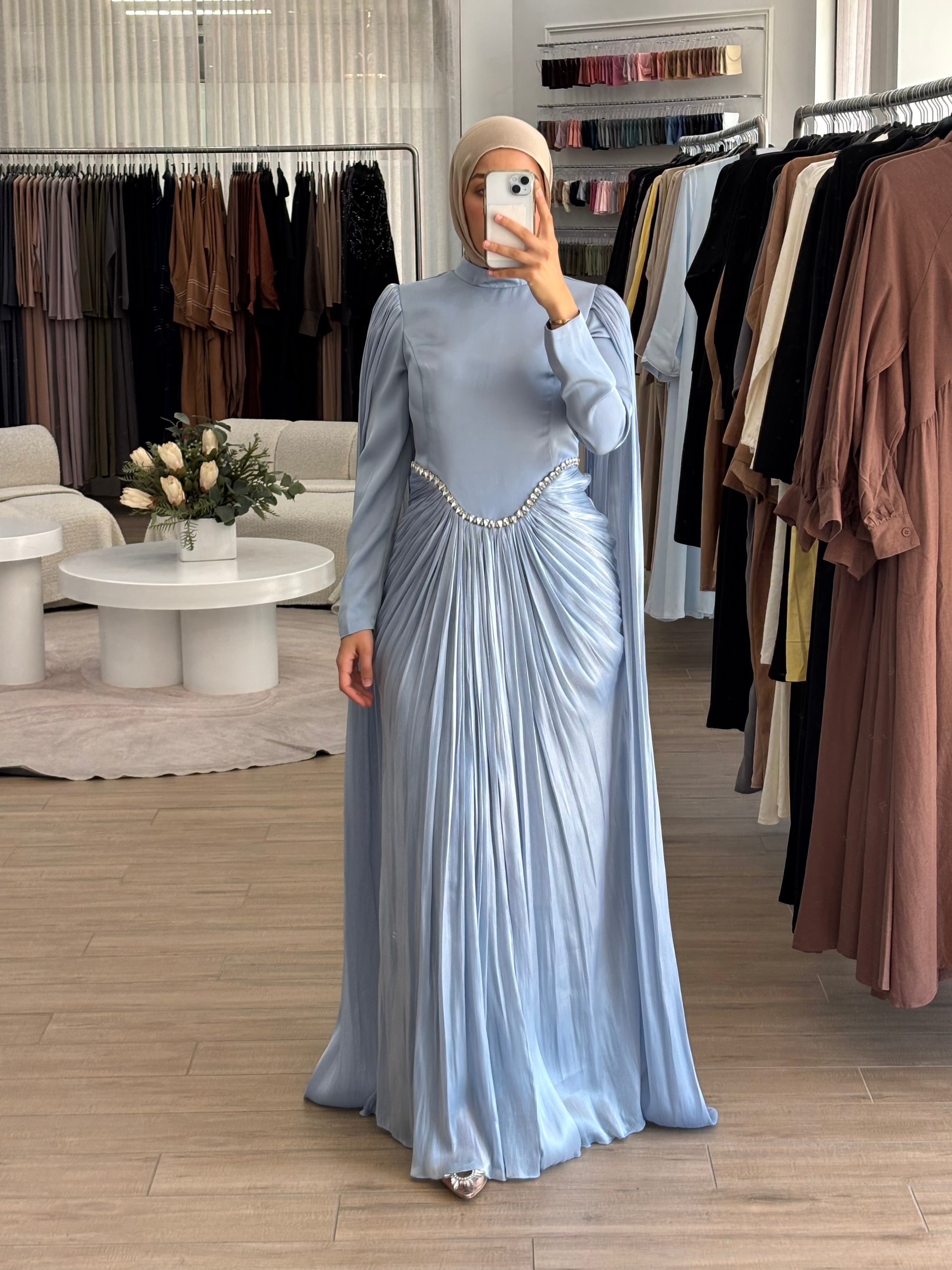 women's modest formal dress with full coverage, hijab friendly and suitable for islamic, muslim women for parties, events, occasions such as fatiha, kk, nikkah, engagement, wedding guest. full length maxi dress with drape and embellishment. 