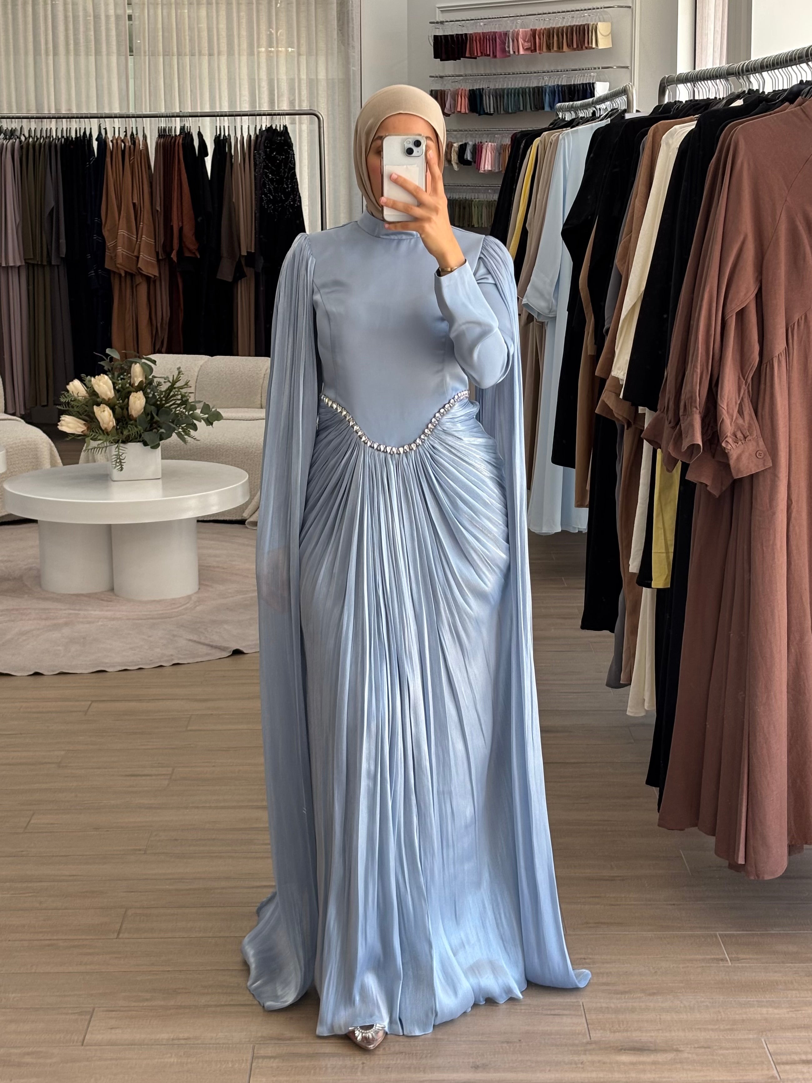 women's modest formal dress with full coverage, hijab friendly and suitable for islamic, muslim women for parties, events, occasions such as fatiha, kk, nikkah, engagement, wedding guest. full length maxi dress with drape and embellishment. 
