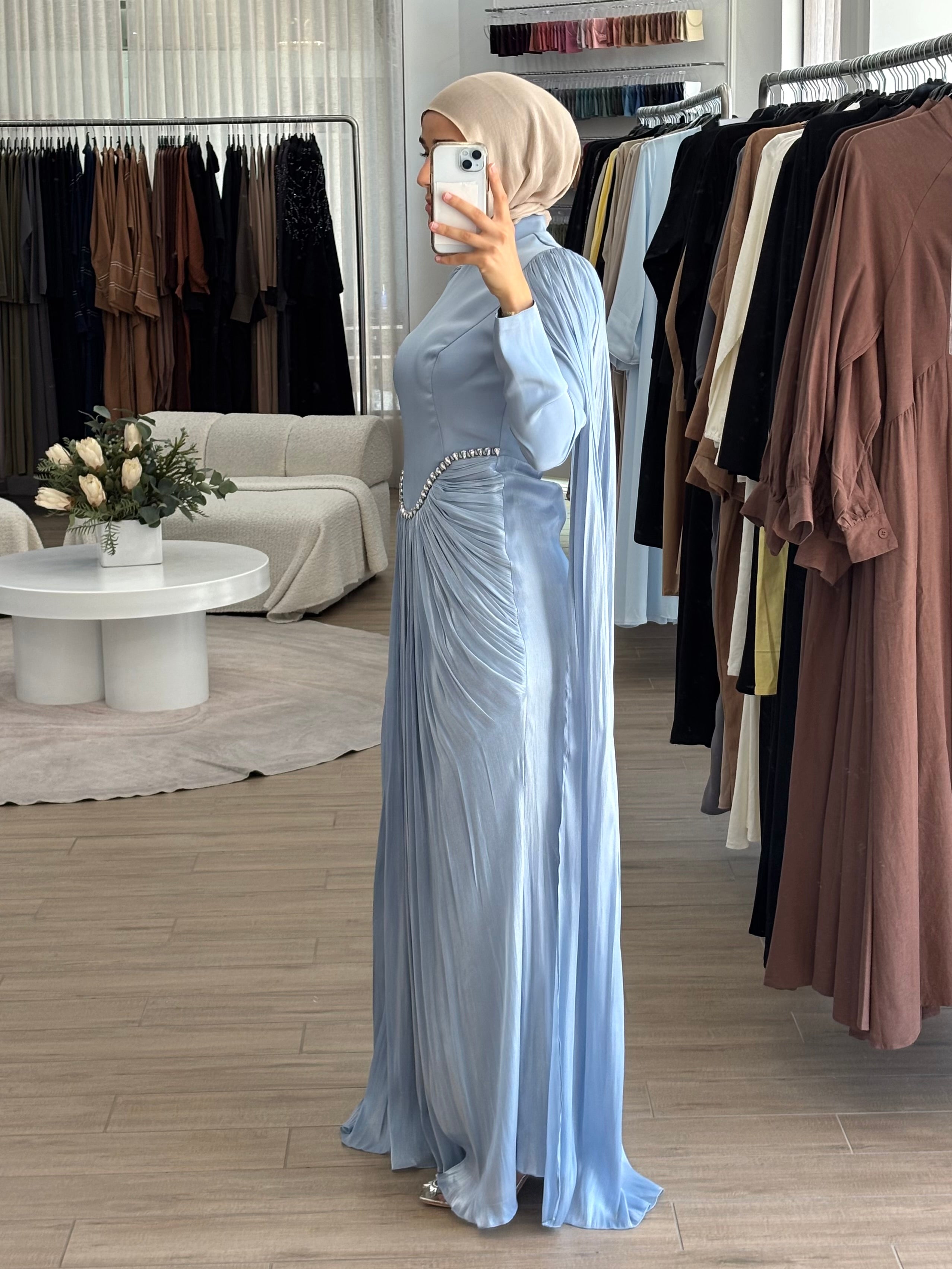 women's modest formal dress with full coverage, hijab friendly and suitable for islamic, muslim women for parties, events, occasions such as fatiha, kk, nikkah, engagement, wedding guest. full length maxi dress with drape and embellishment. 