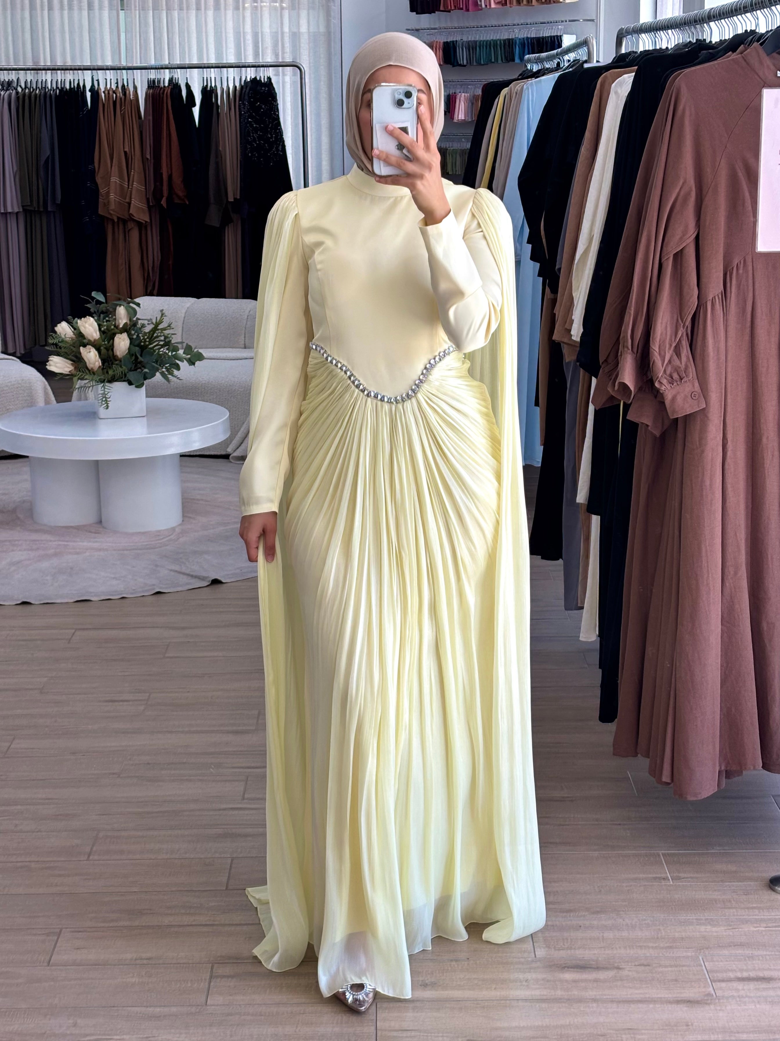 women's modest formal dress with full coverage, hijab friendly and suitable for islamic, muslim women for parties, events, occasions such as fatiha, kk, nikkah, engagement, wedding guest. full length maxi dress with drape and embellishment. 