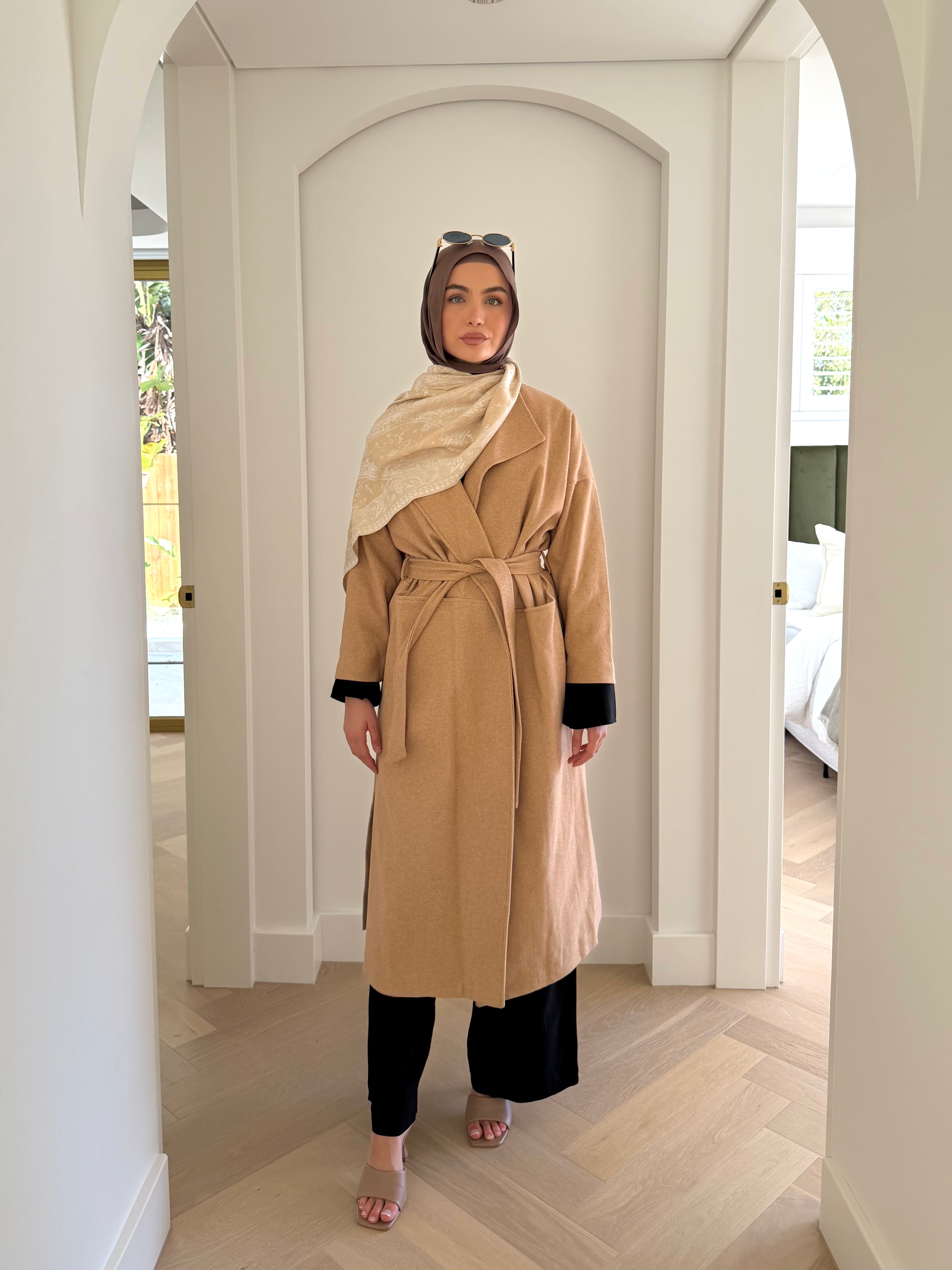 Refined Wrap Coat in camel – long modest wrap coat with waist tie and tailored silhouette