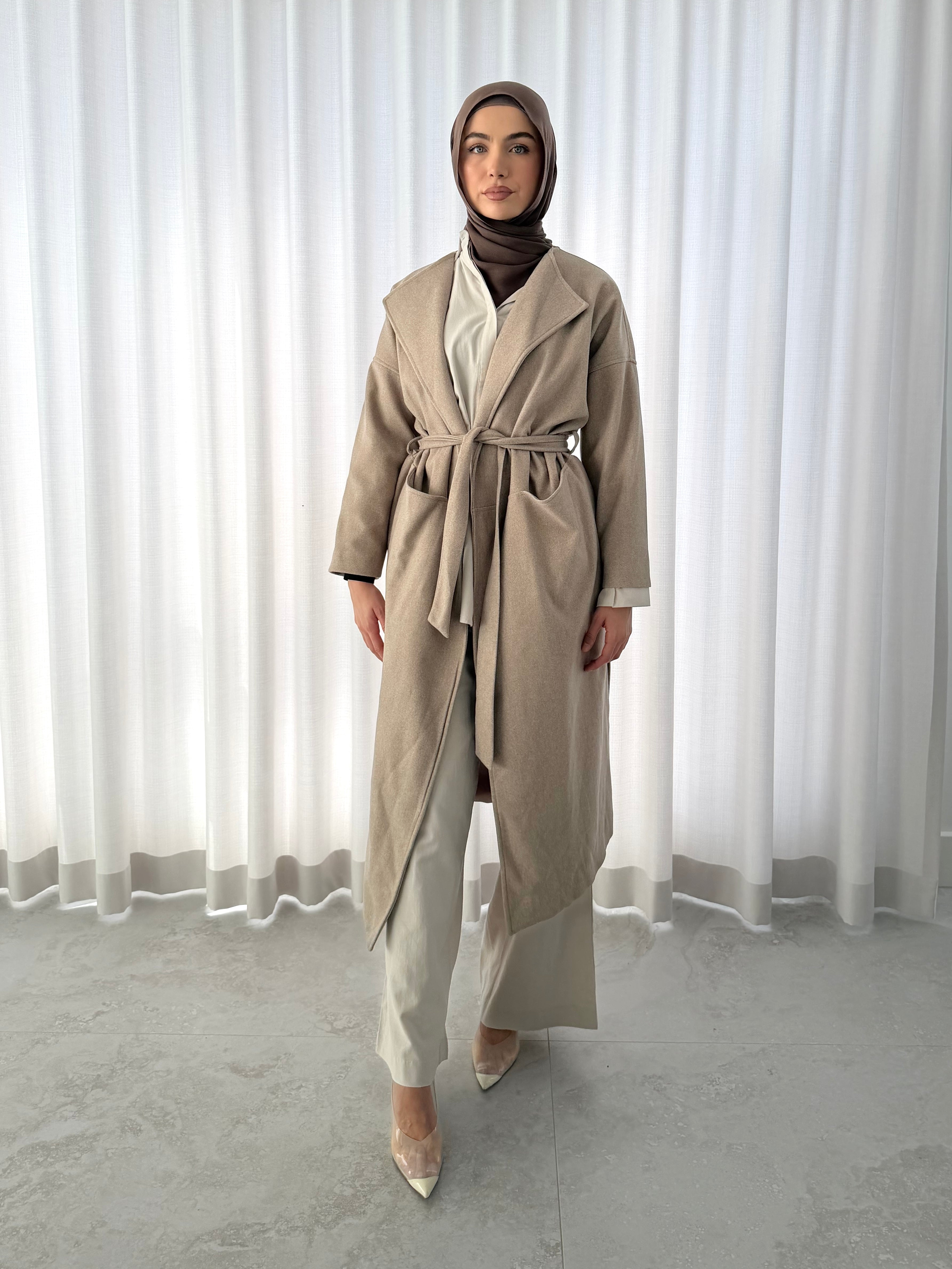 Refined Wrap Coat in sand – long modest wrap coat with waist tie and tailored silhouette