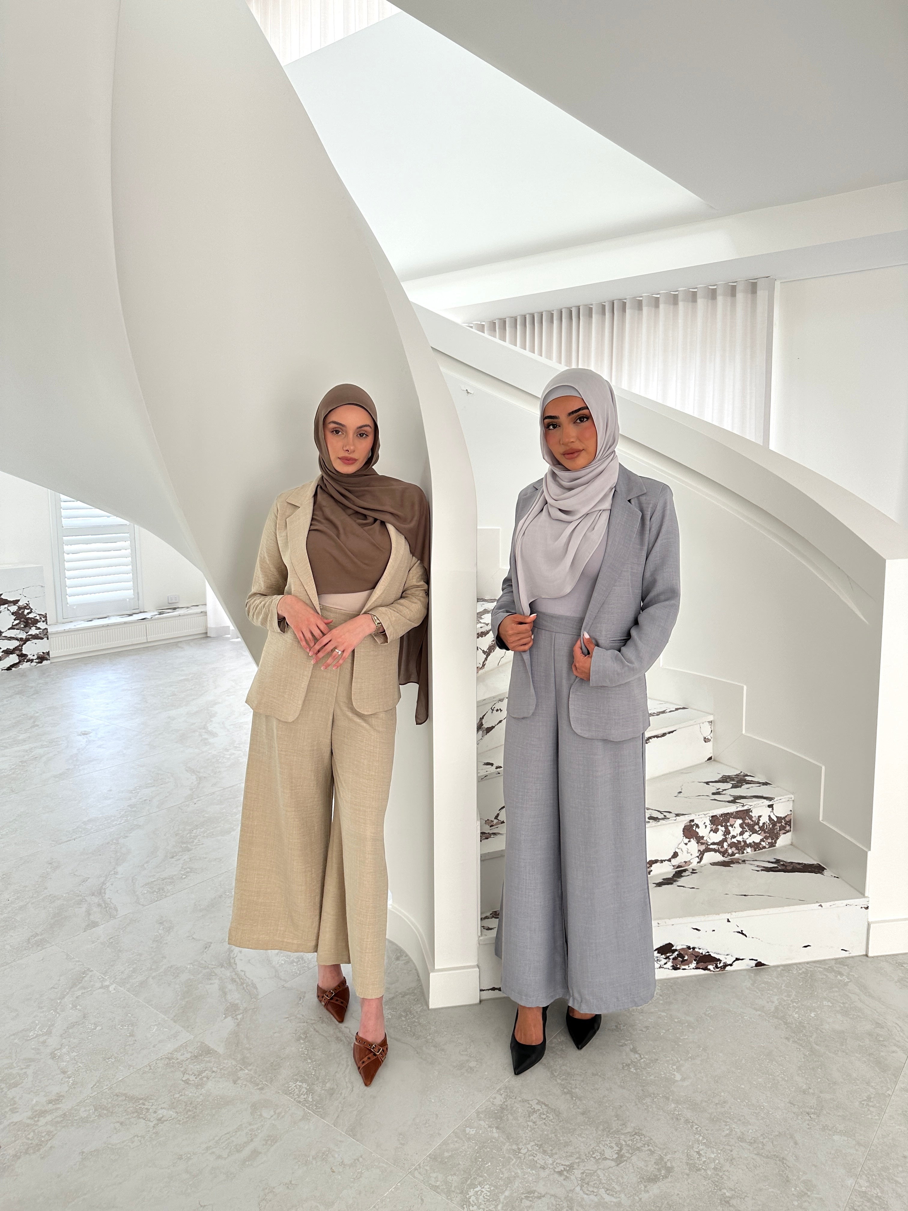 women's relaxed tailored set for smart casual outings or for cooperate work. soft fabric suitable for spring summer. modest tailored jacket with wide flare pant for modest coverage and hijabi firendly.