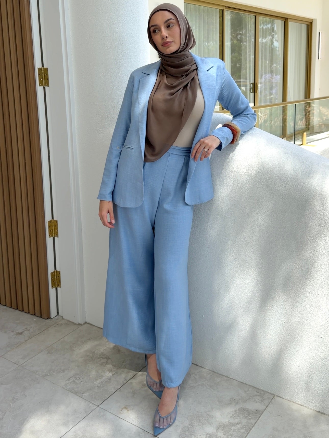 women's relaxed tailored set for smart casual outings or for cooperate work. soft fabric suitable for spring summer. modest tailored jacket with wide flare pant for modest coverage and hijabi firendly.