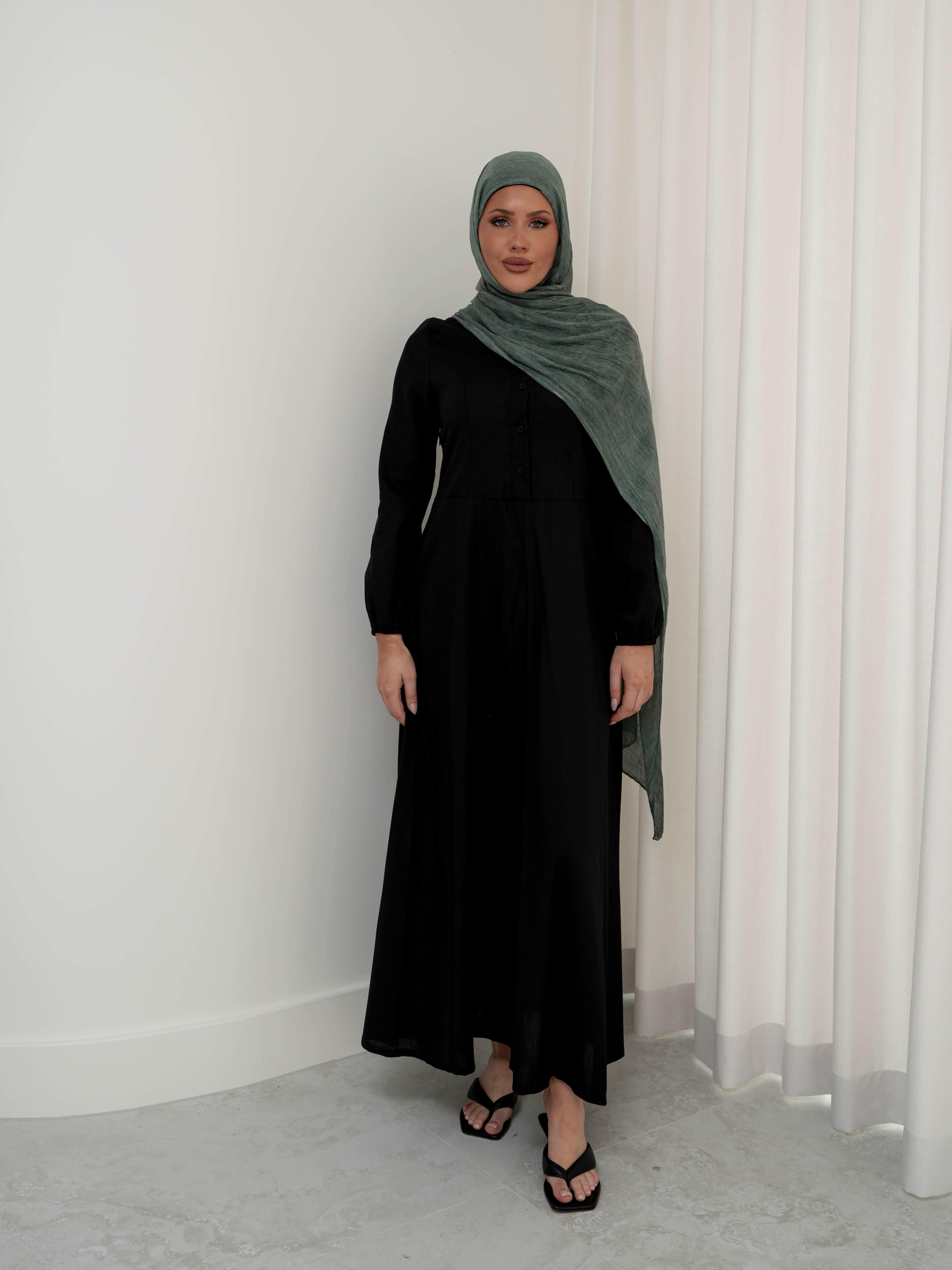 womens full length maxi linen dress in black for spring summer, modest, lightweight and long sleeve