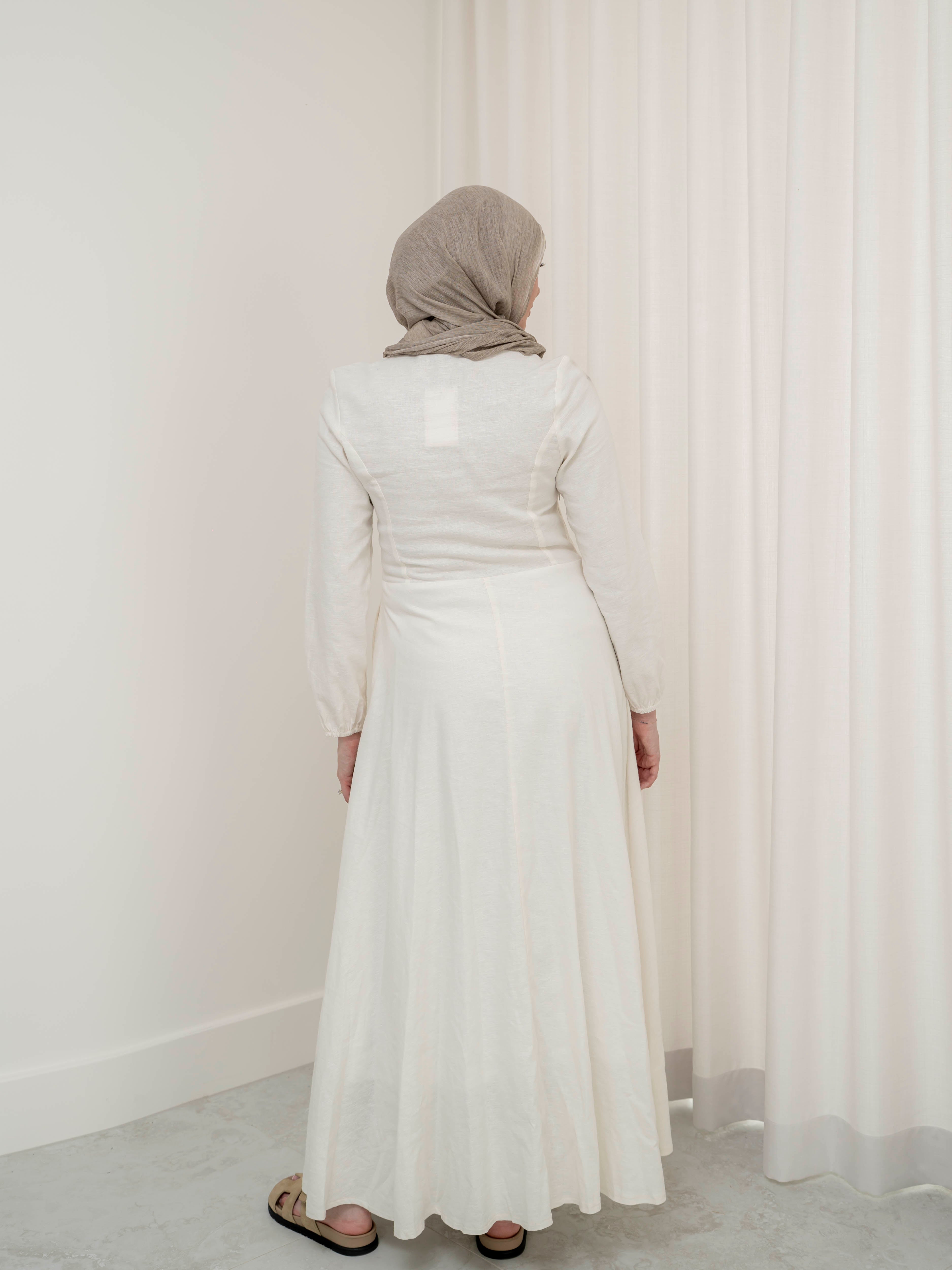 womens full length maxi linen dress in ivory for spring summer, modest, lightweight and long sleeve