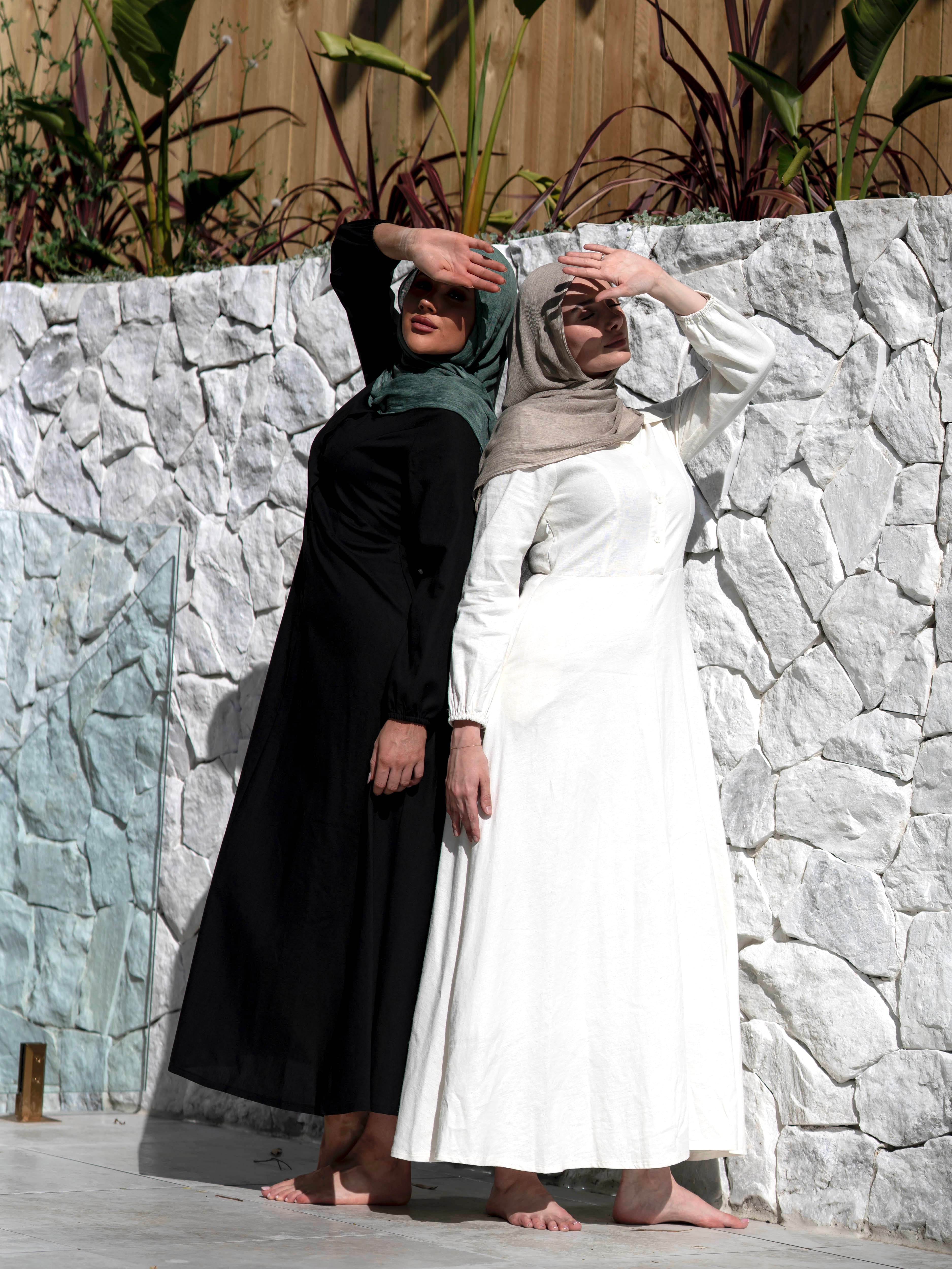 womens full length maxi linen dress in ivory and black for spring summer, modest, lightweight and long sleeve