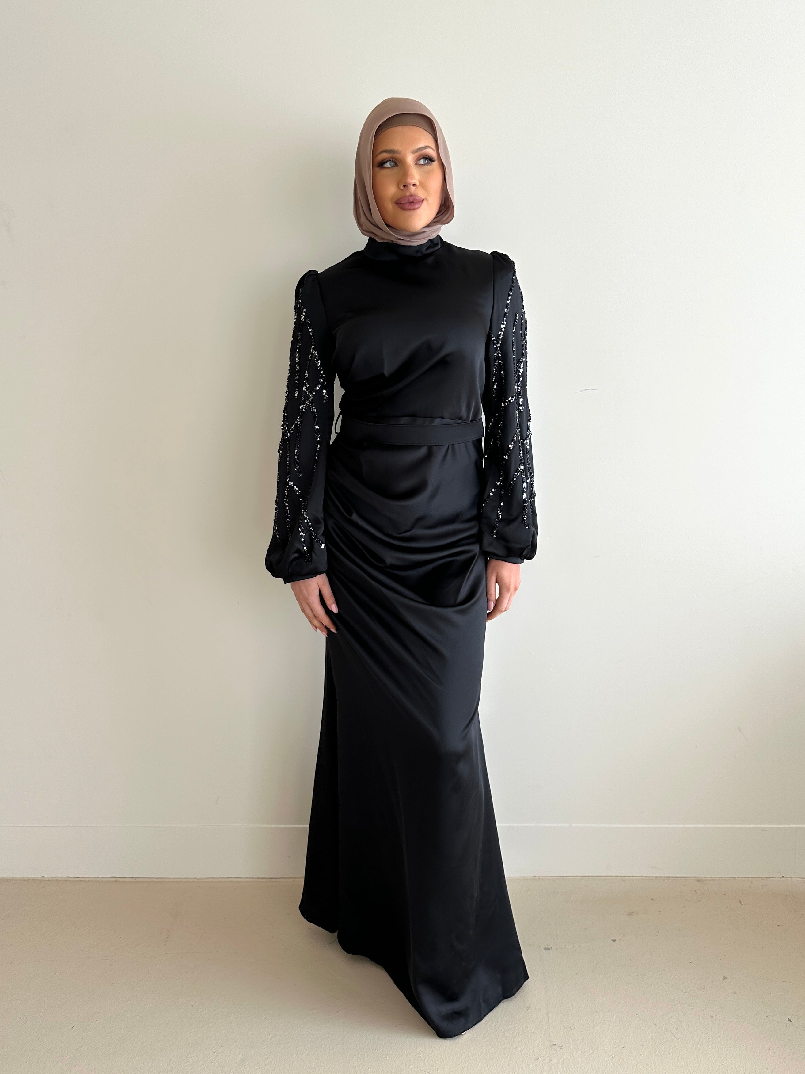 women's modest formal black dress with full length, maxi and long sleeves with sequins.