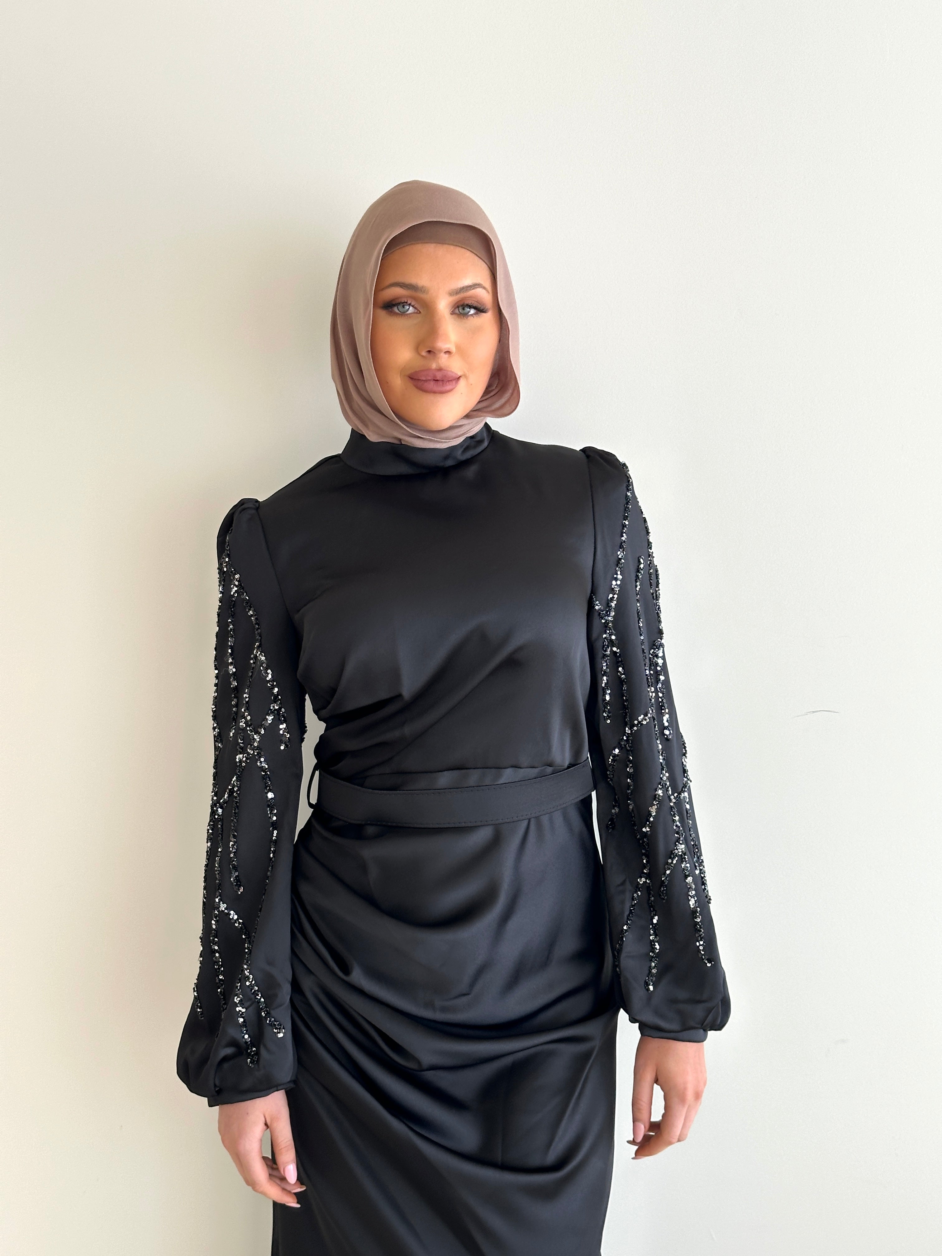women's modest formal black dress with full length, maxi and long sleeves with sequins.