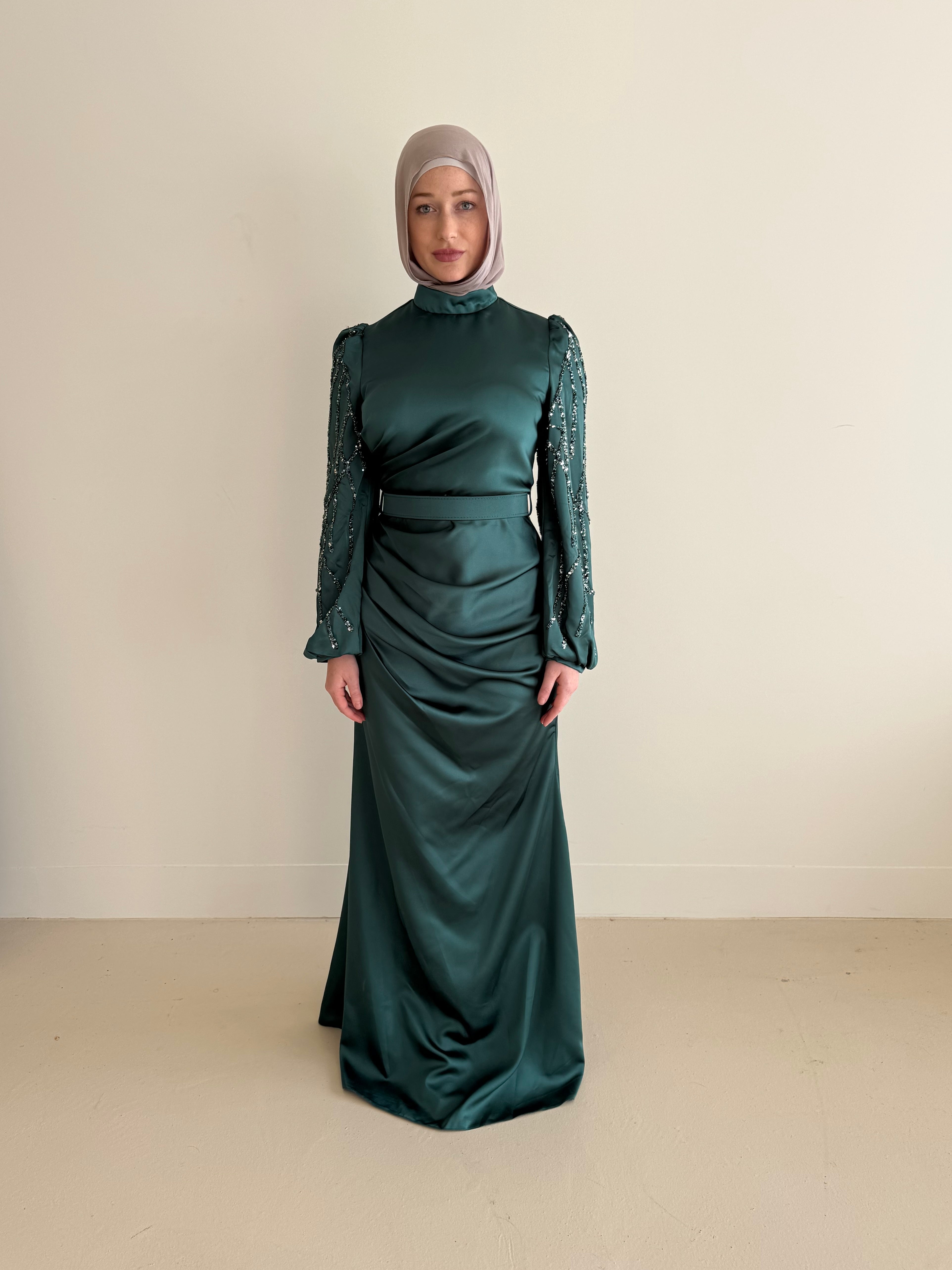 women's modest formal emerald dress with full length, maxi and long sleeves with sequins.