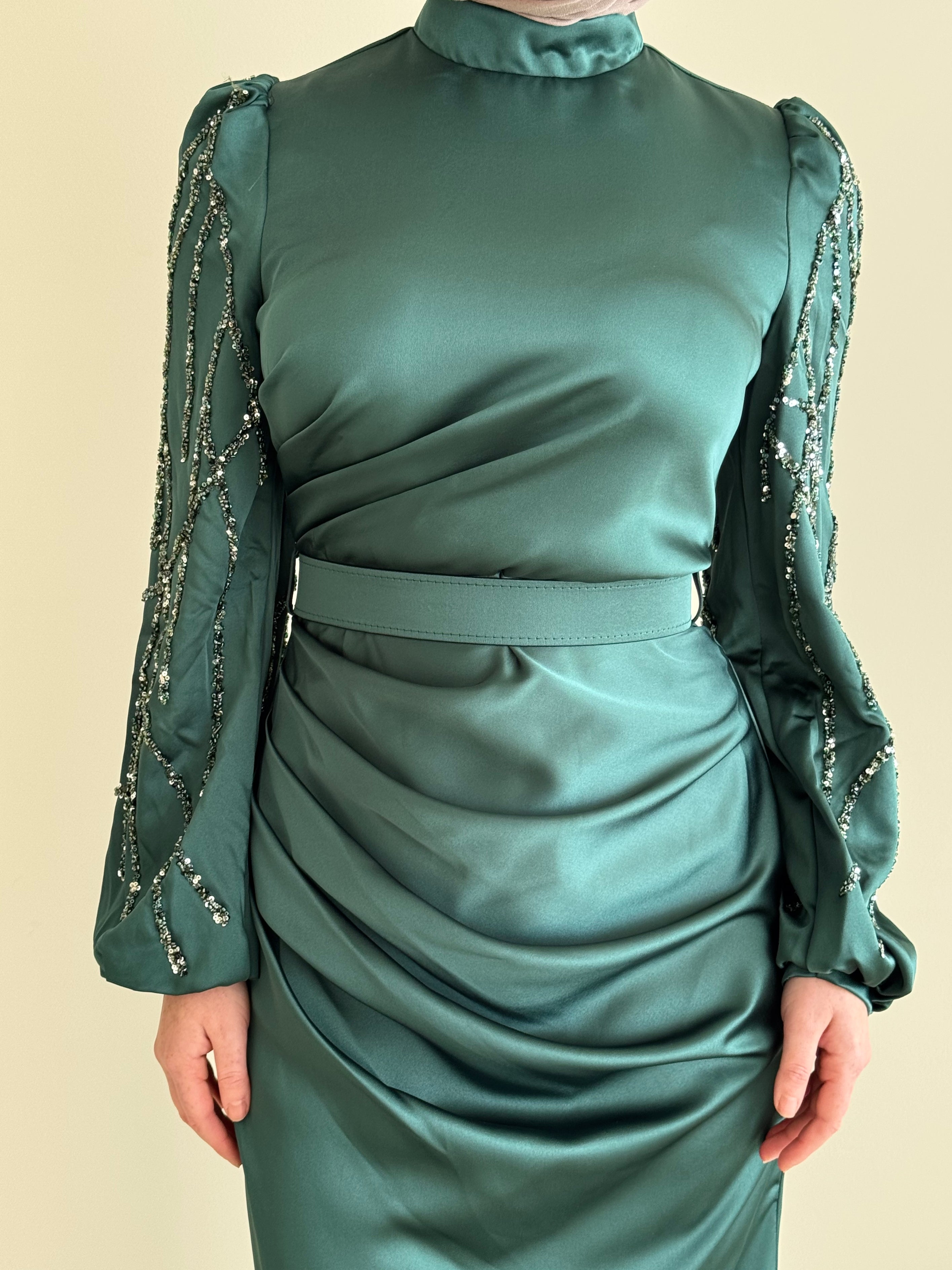 women's modest formal emerald dress with full length, maxi and long sleeves with sequins.