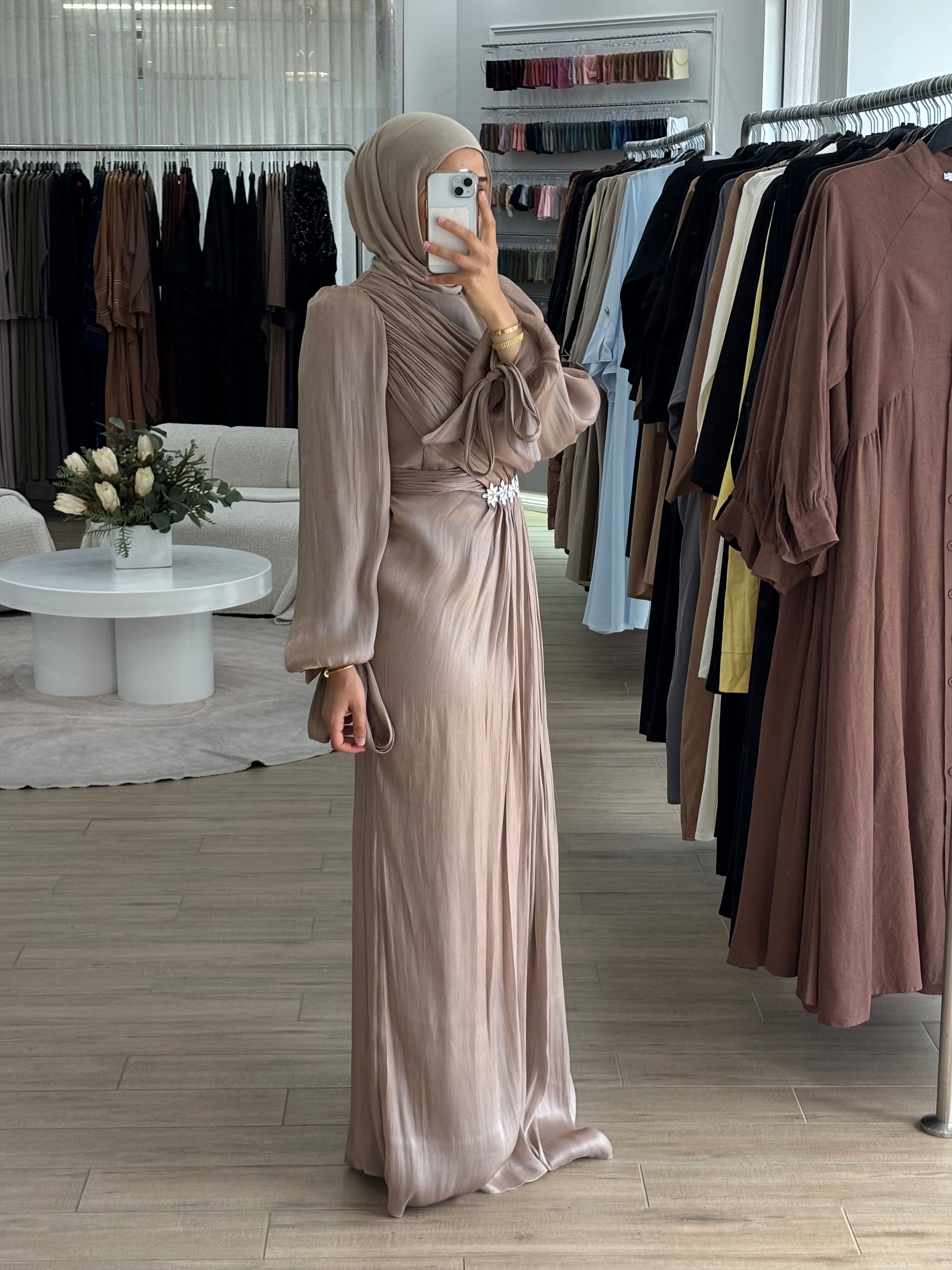 women's modest formal dress, hijabi friendly and is full coverage, full length, maxi and long sleeve with minimal embellishment, suitable for occasions, formals, engagements, nikkah, kk, pre-wedding events, weddings. 