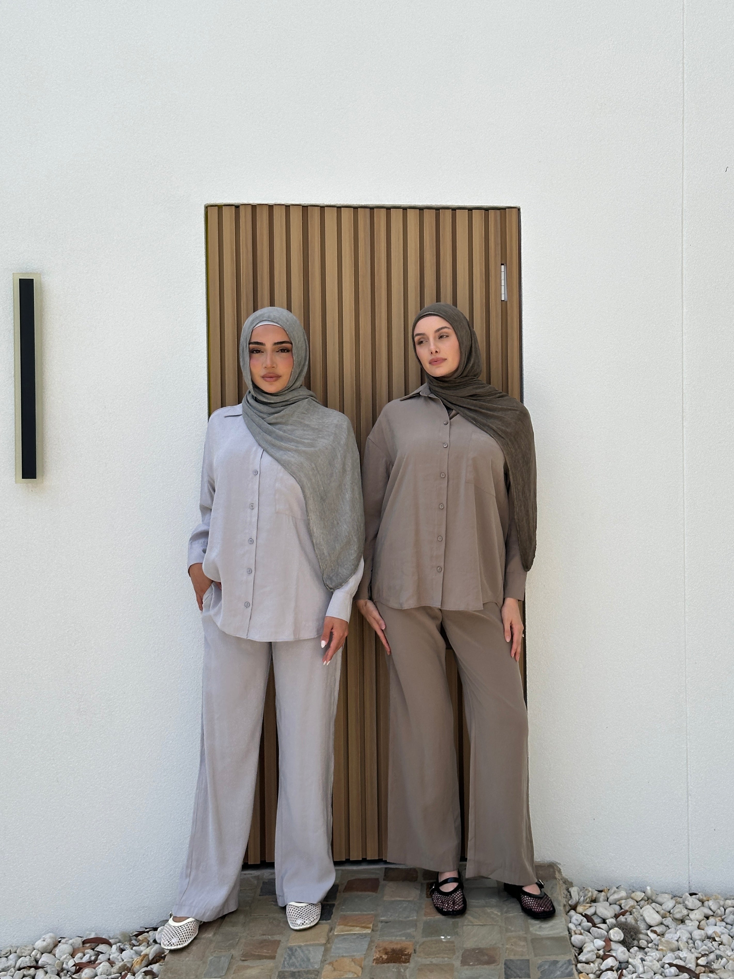 women's 2 piece summer set includes button top and comfortable wide pants. Lightweight, breathable and versatile. modest, hijab-friendly. 