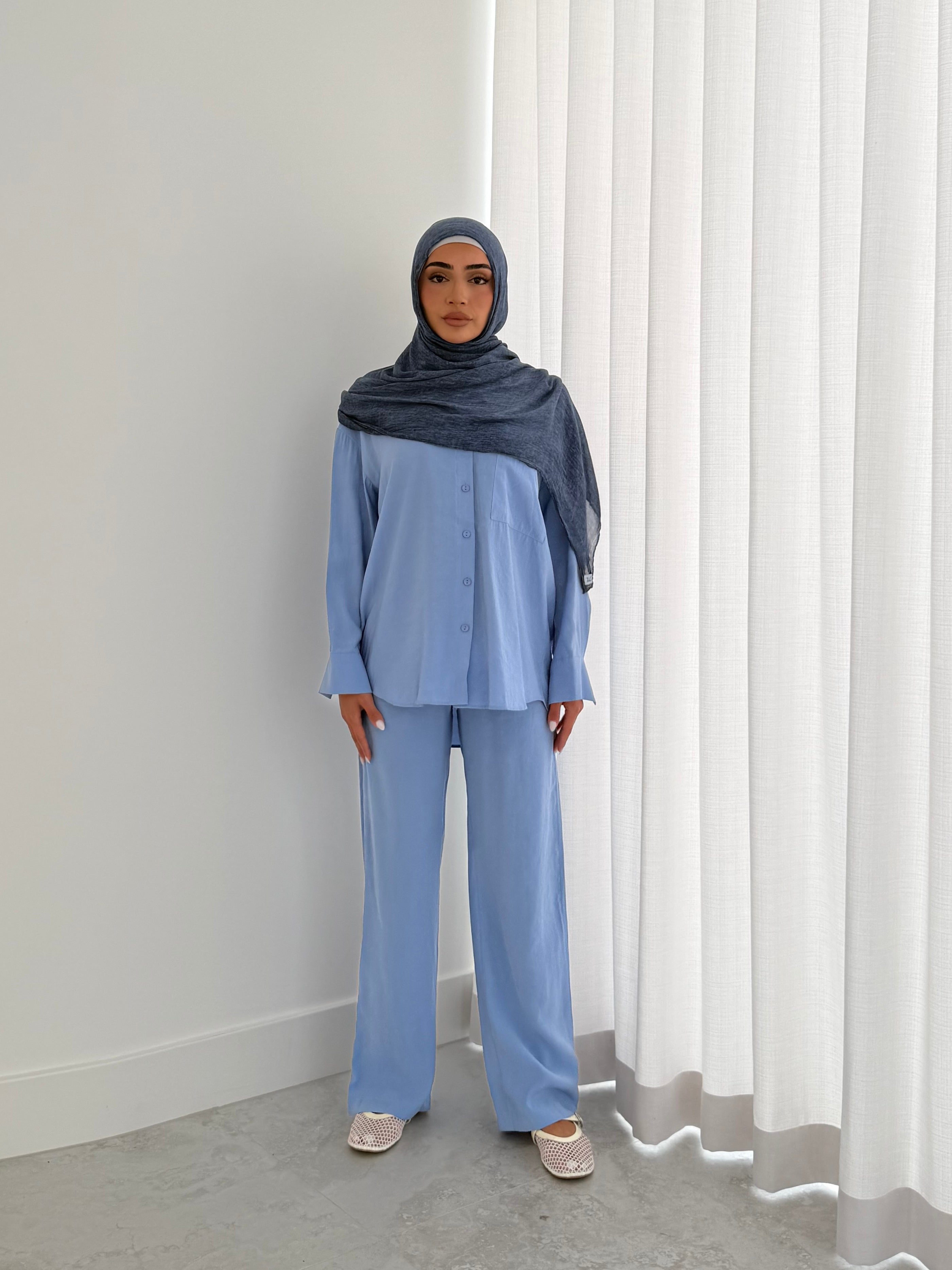 women's 2 piece summer set includes button top and comfortable wide pants. Lightweight, breathable and versatile. modest, hijab-friendly. 