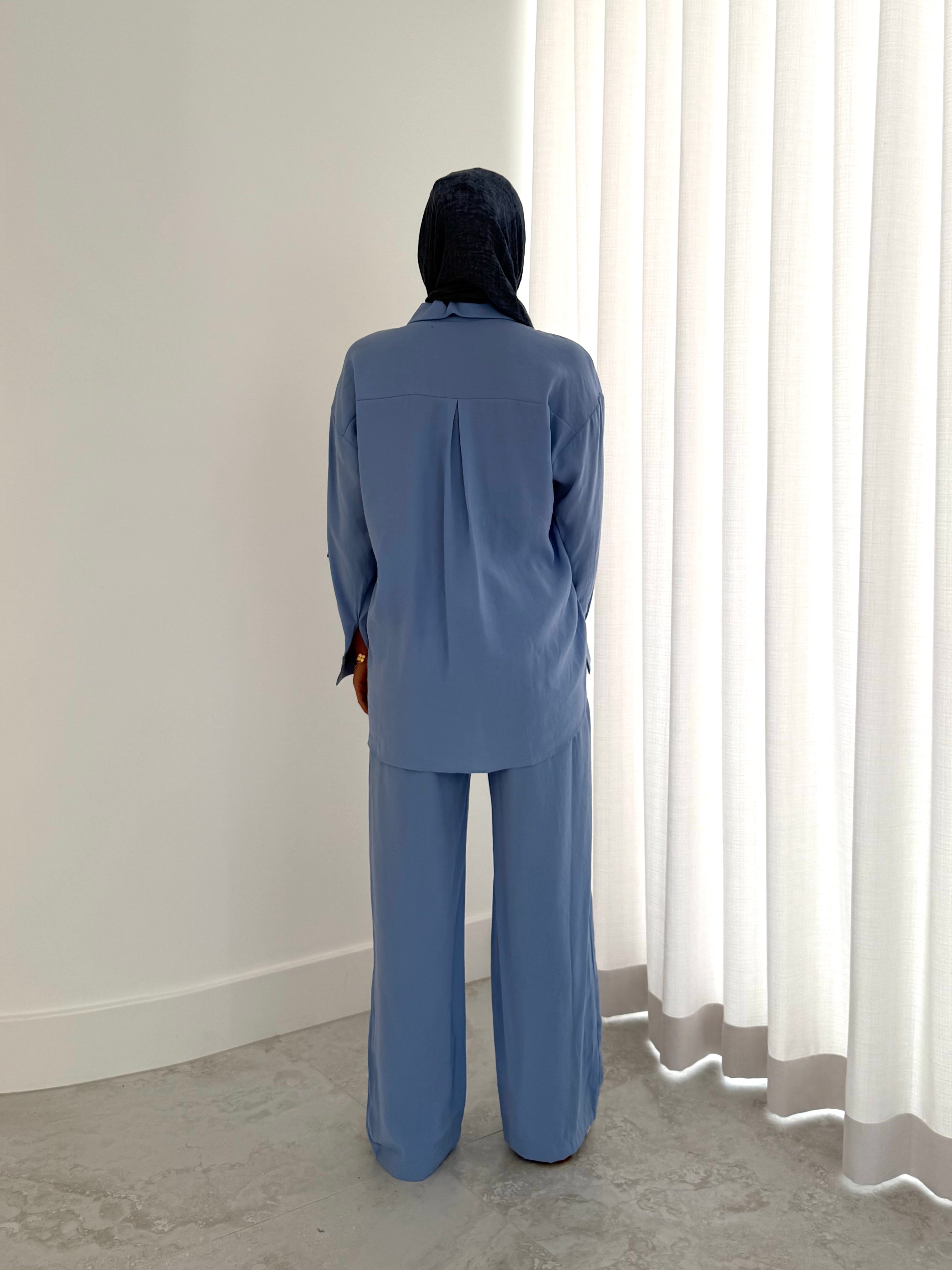 women's 2 piece summer set includes button top and comfortable wide pants. Lightweight, breathable and versatile. modest, hijab-friendly. 