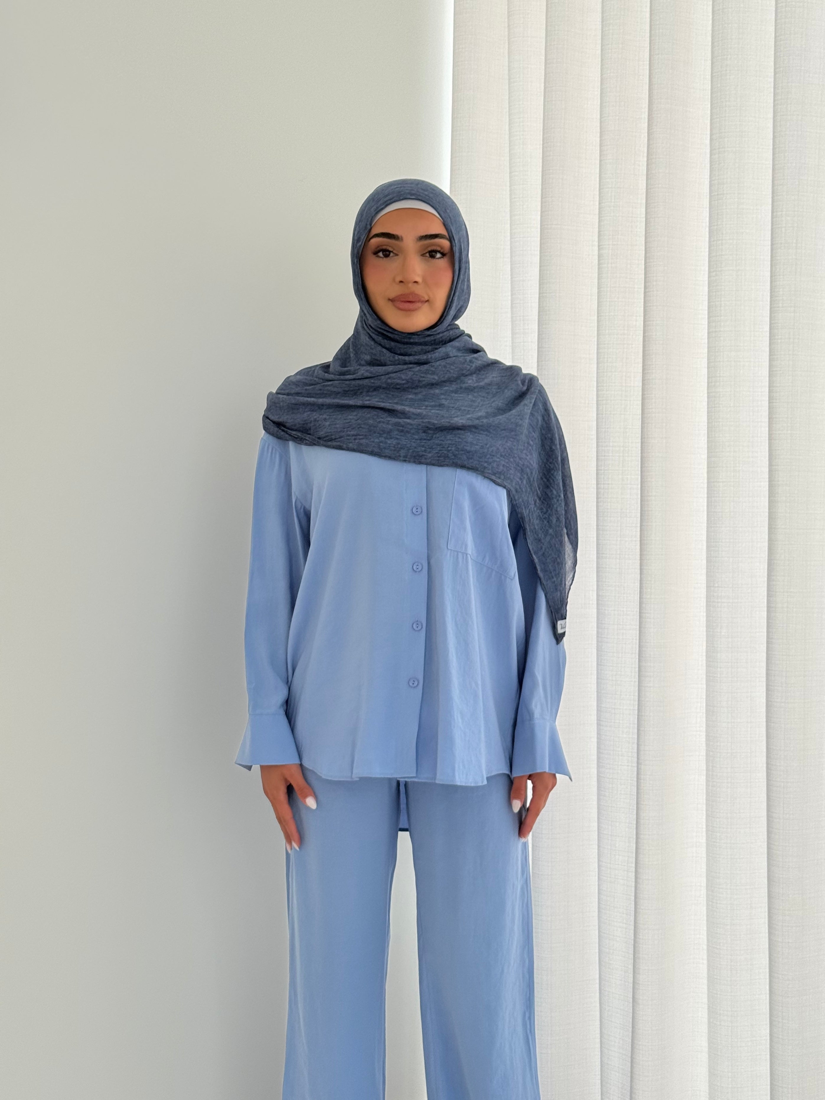 women's 2 piece summer set includes button top and comfortable wide pants. Lightweight, breathable and versatile. modest, hijab-friendly. 