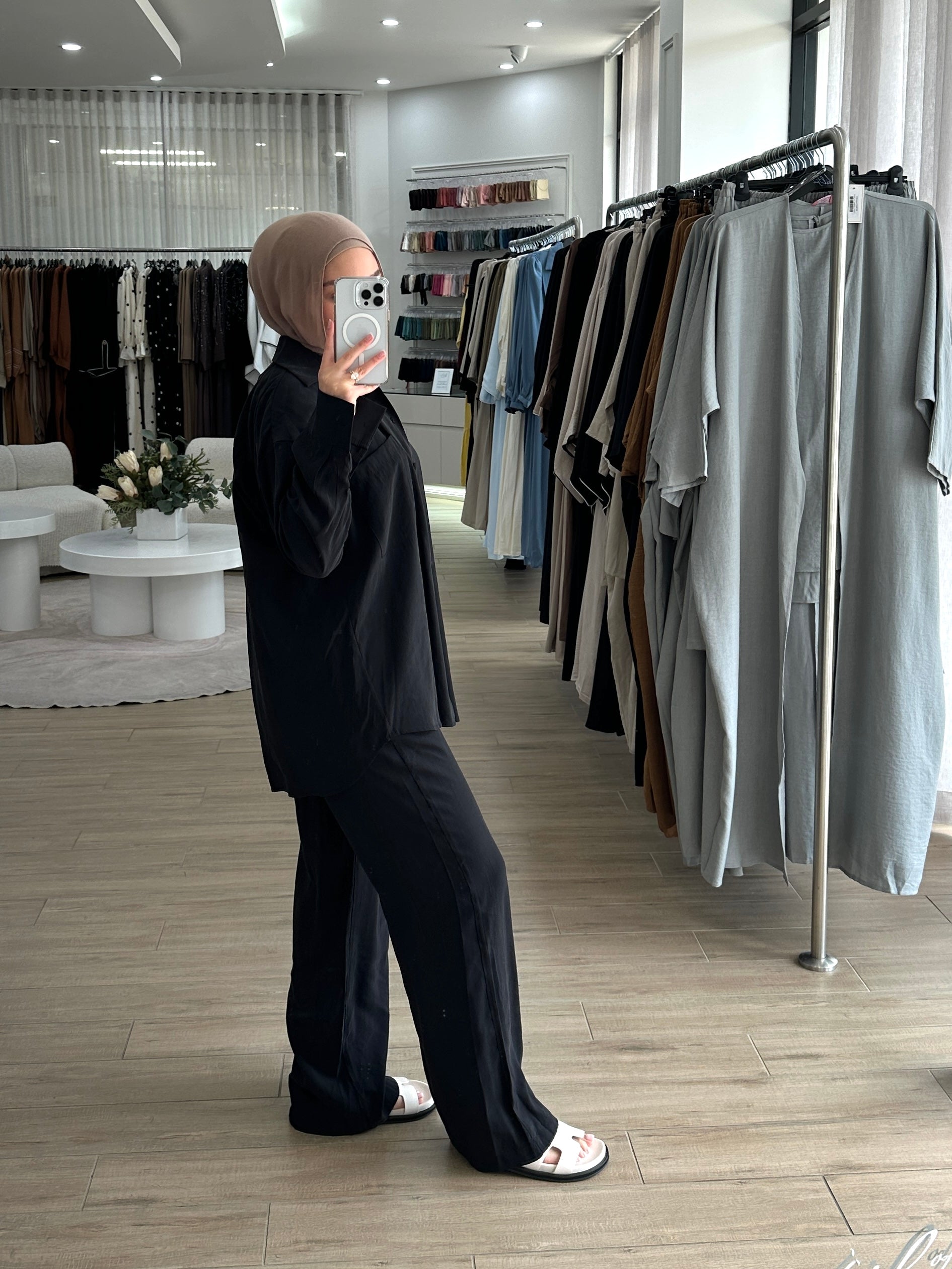 women's 2 piece summer set includes button top and comfortable wide pants. Lightweight, breathable and versatile. modest, hijab-friendly. 