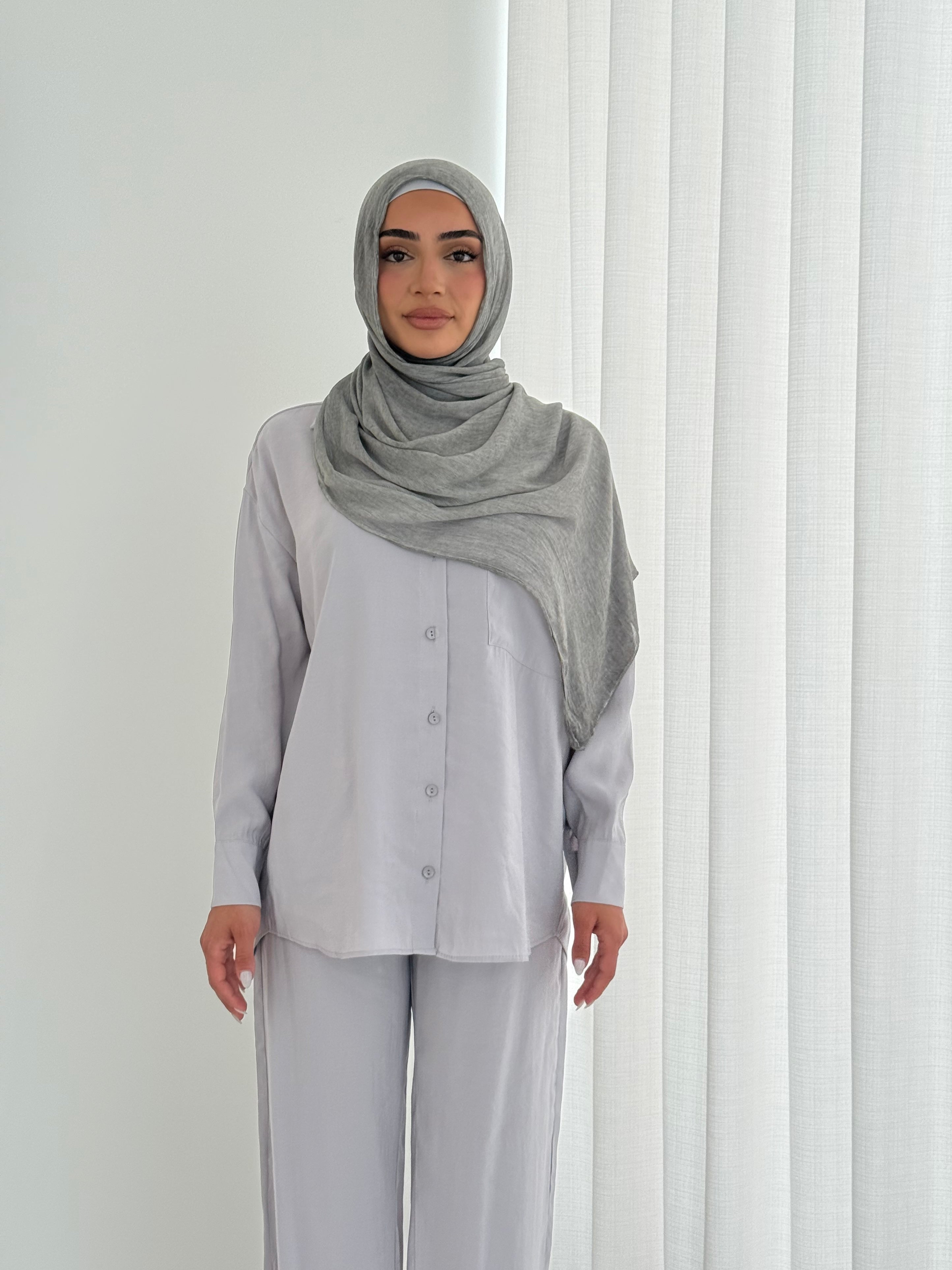 women's 2 piece summer set includes button top and comfortable wide pants. Lightweight, breathable and versatile. modest, hijab-friendly. 