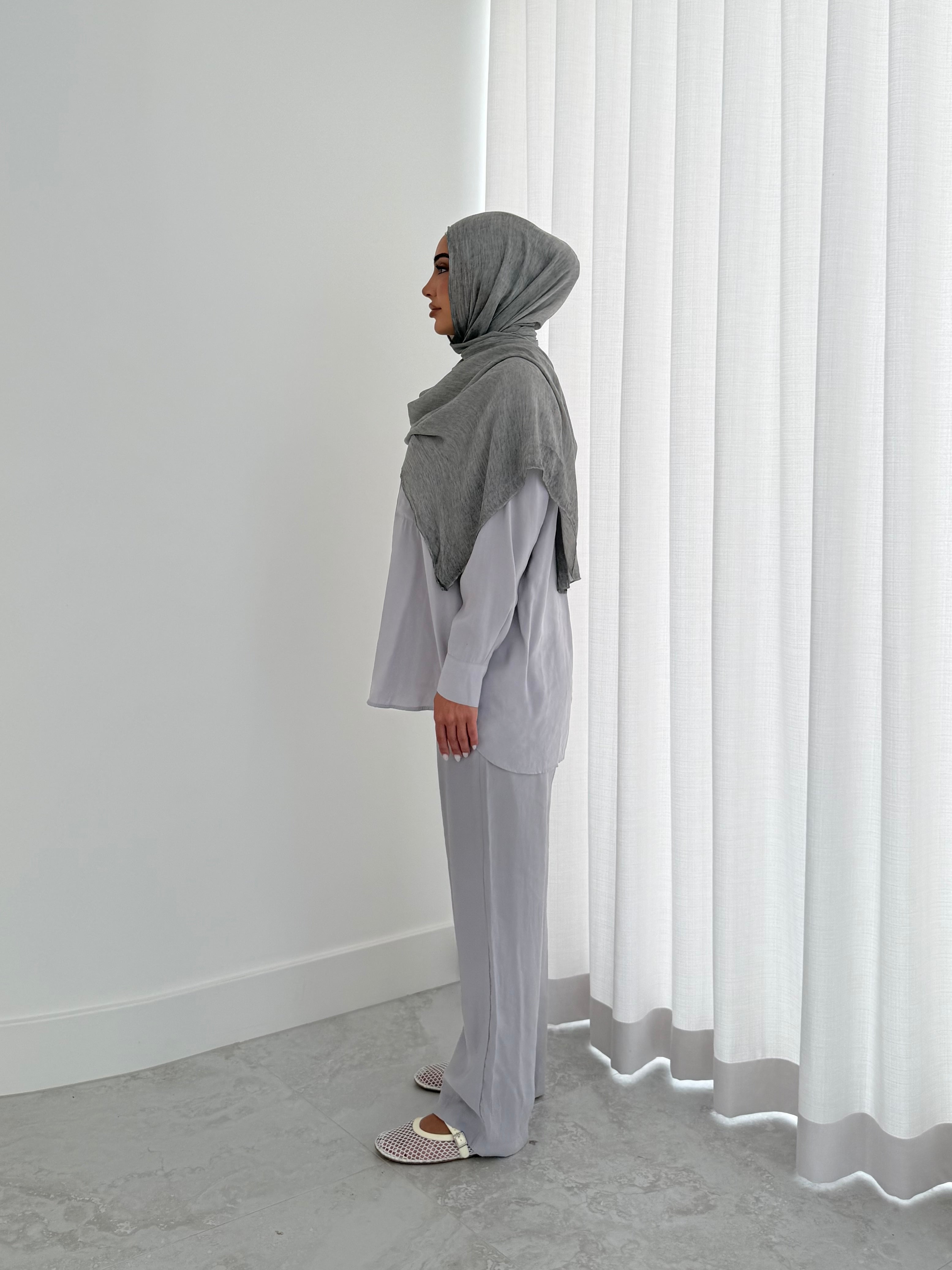 women's 2 piece summer set includes button top and comfortable wide pants. Lightweight, breathable and versatile. modest, hijab-friendly. 