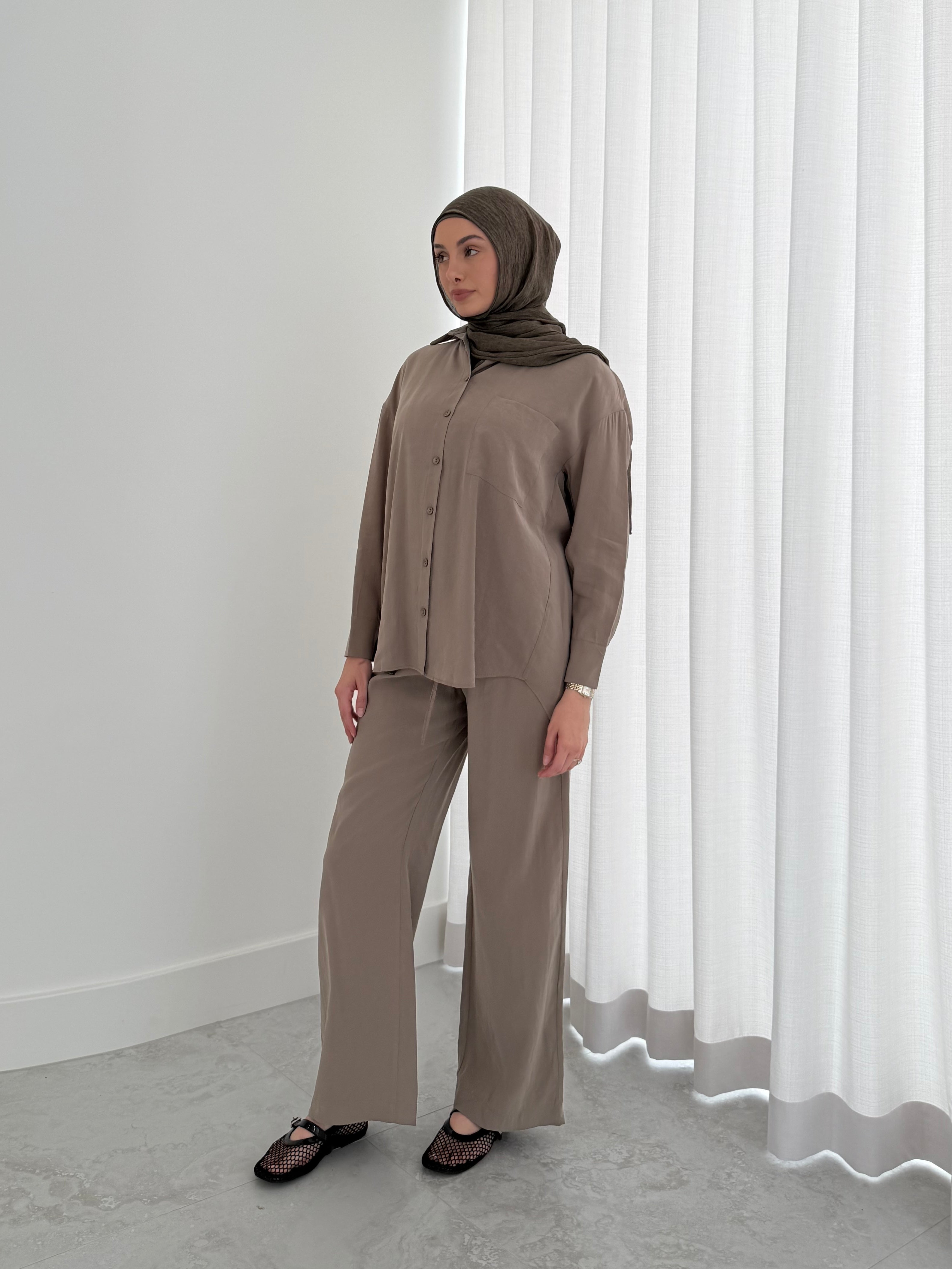 women's 2 piece summer set includes button top and comfortable wide pants. Lightweight, breathable and versatile. modest, hijab-friendly. 