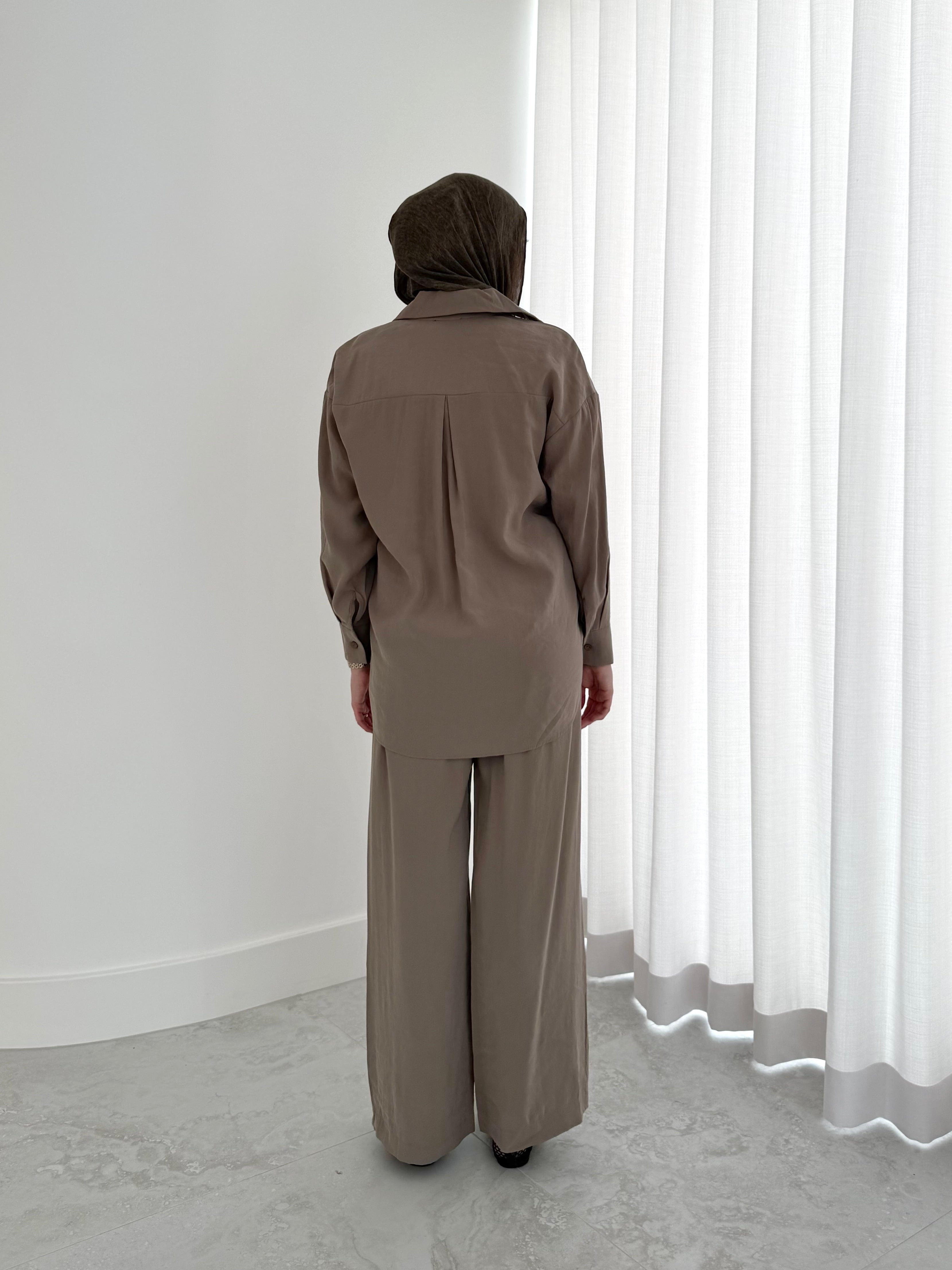 women's 2 piece summer set includes button top and comfortable wide pants. Lightweight, breathable and versatile. modest, hijab-friendly. 