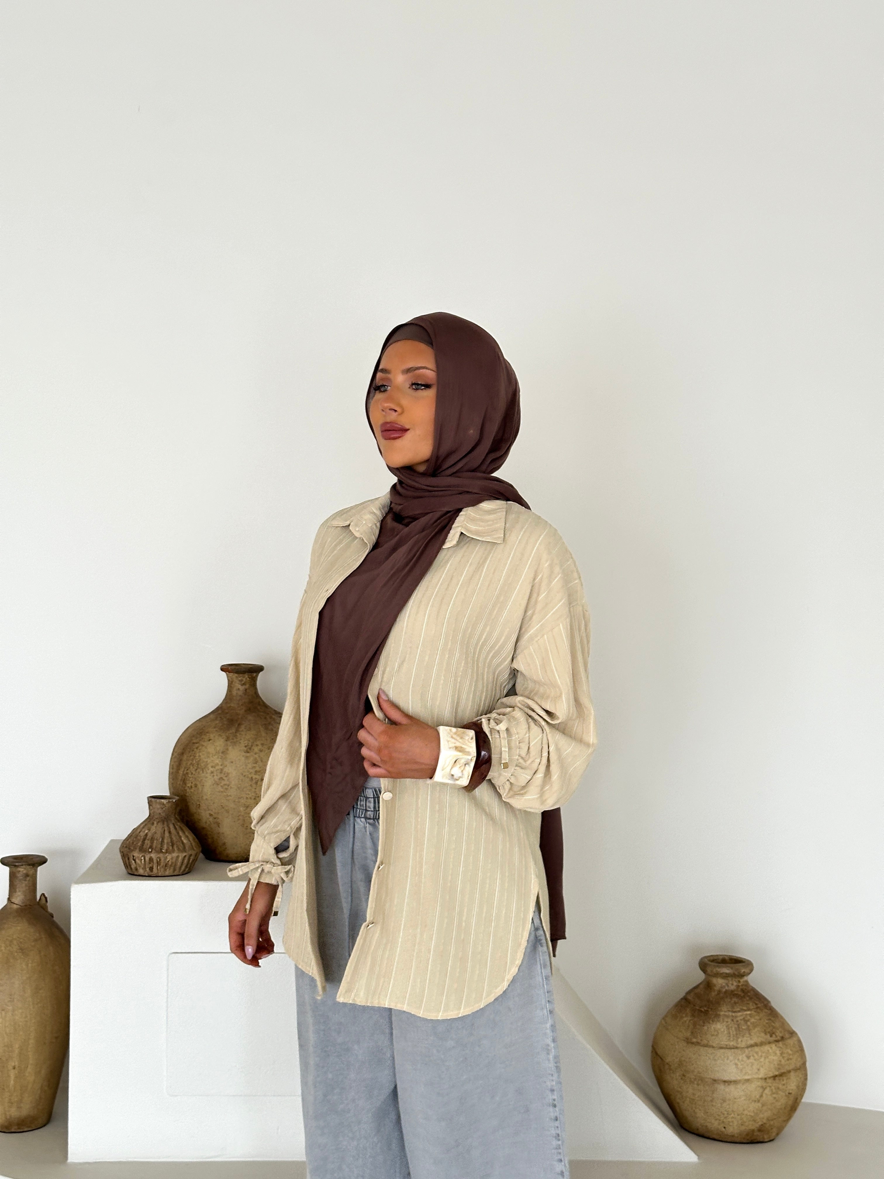 women's long button shirt in pastel yellow for spring/summer , modest, lightweight 