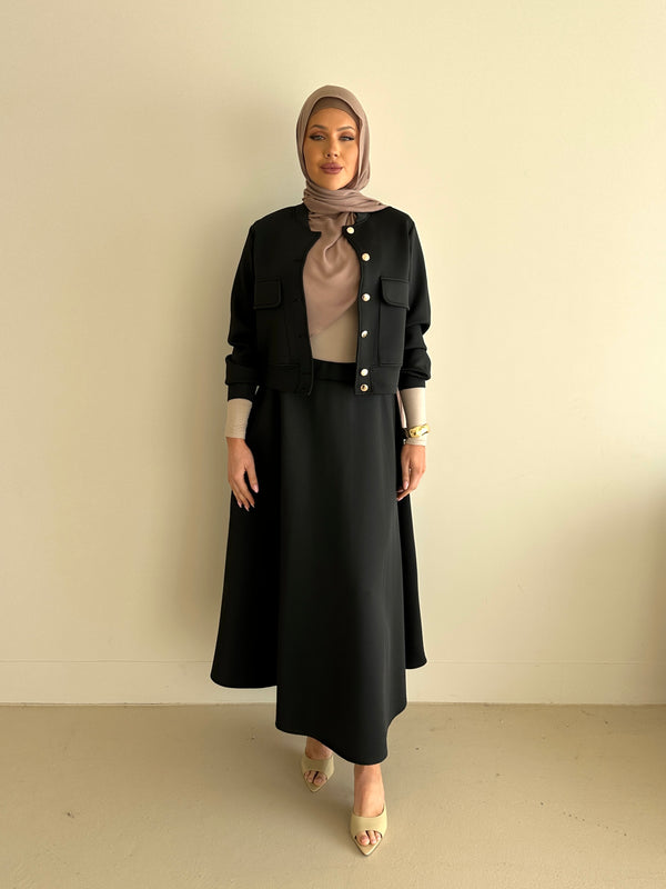 modest co-ord set jacket and skirt in black 