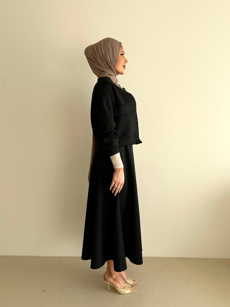 modest co-ord set jacket and skirt in black 
