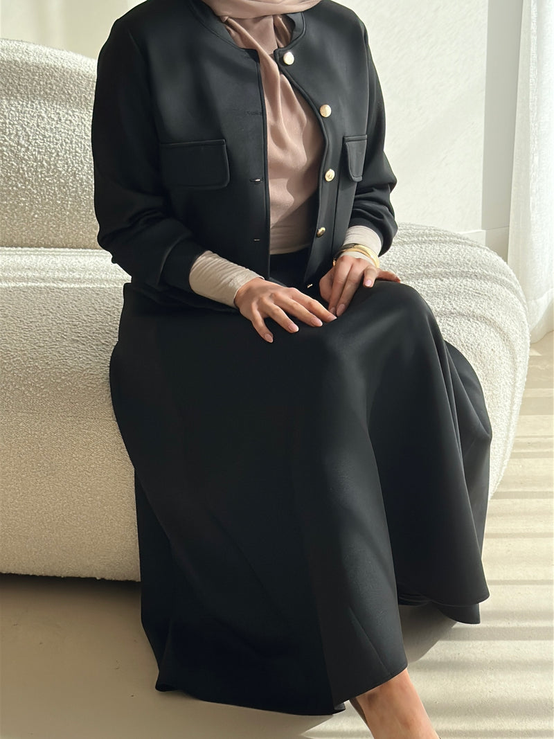 modest co-ord set jacket and skirt in black , luxury and comfortable