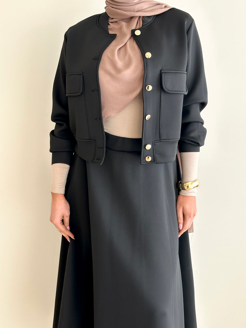 modest co-ord set jacket and skirt in black with hijab