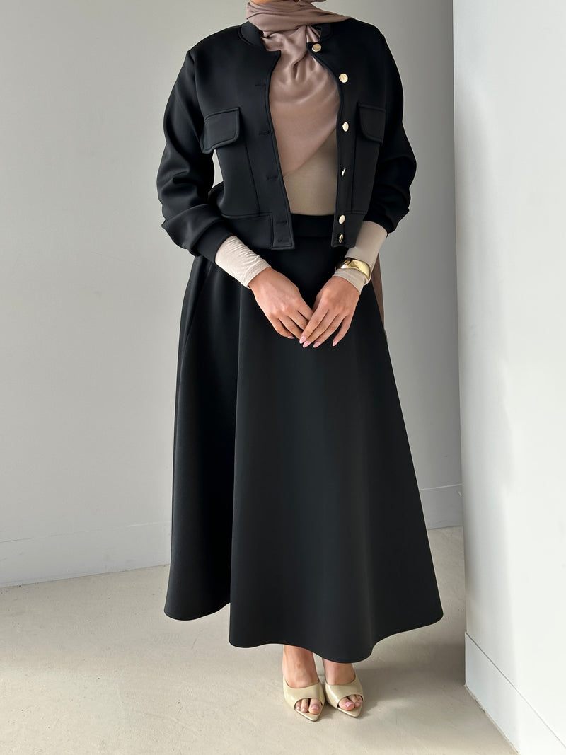 modest co-ord set jacket and skirt in black , dinner date ready 