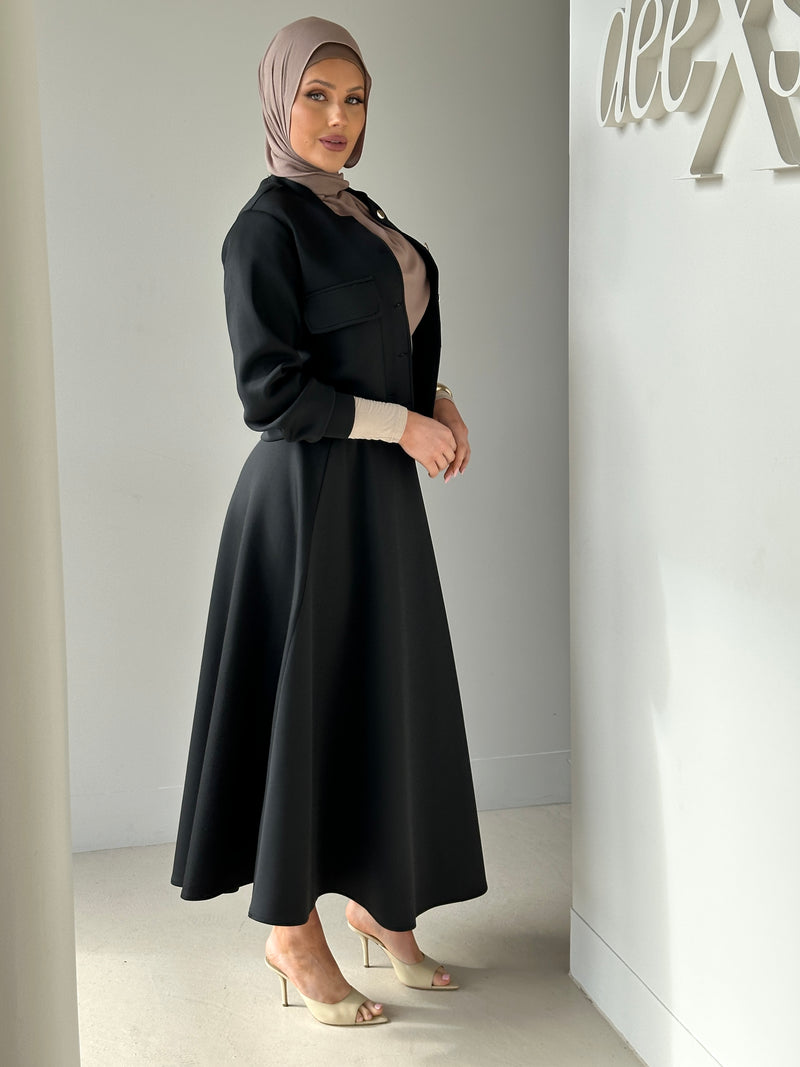 modest co-ord set jacket and skirt in black with hijab