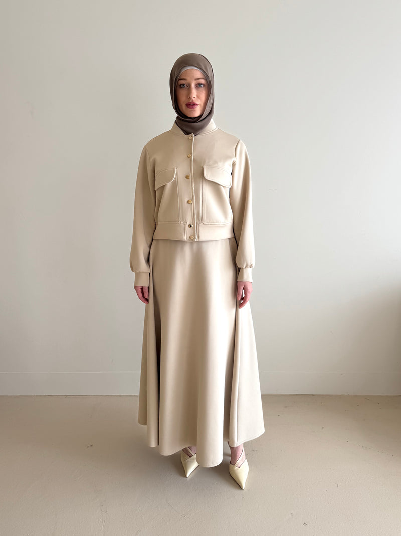 modest co-ord set jacket and skirt in beige
