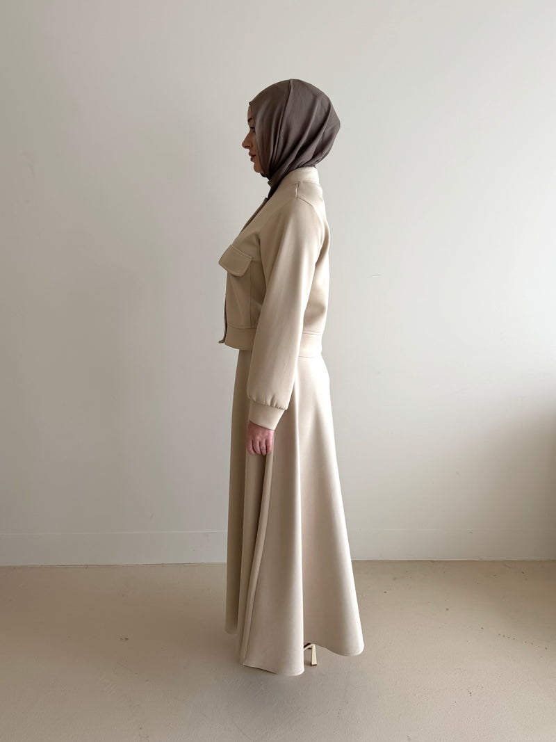 modest co-ord set jacket and skirt in beige