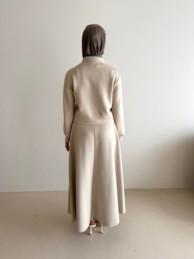 modest co-ord set jacket and skirt in beige