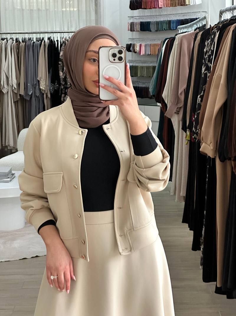 modest co-ord set jacket and skirt in beige with hijab