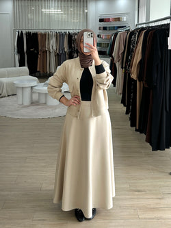 modest co-ord set jacket and skirt in beige with hijab