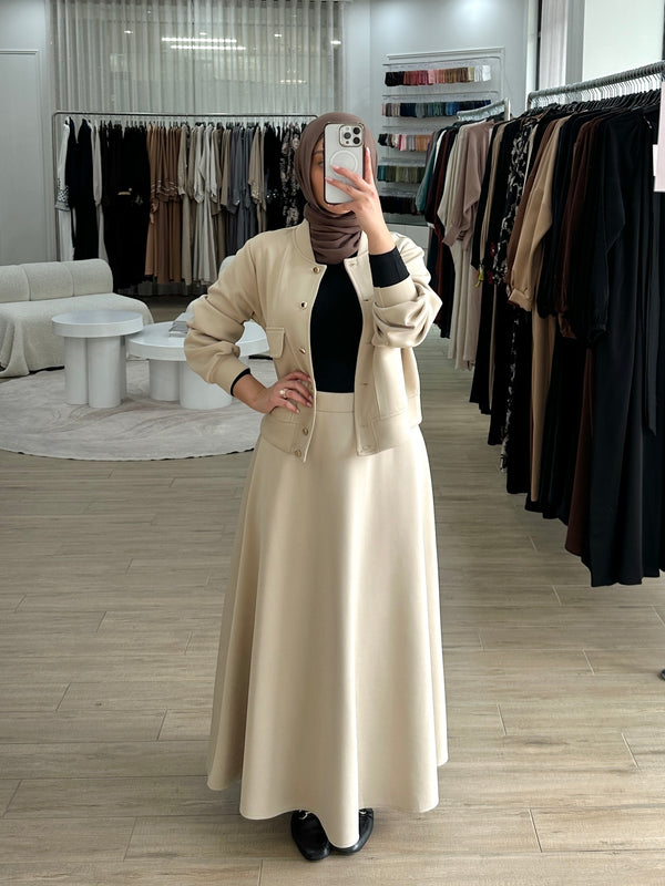 modest co-ord set jacket and skirt in beige with hijab