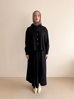 linen blend, modest top and skirt co-ord set, spring/summer in black