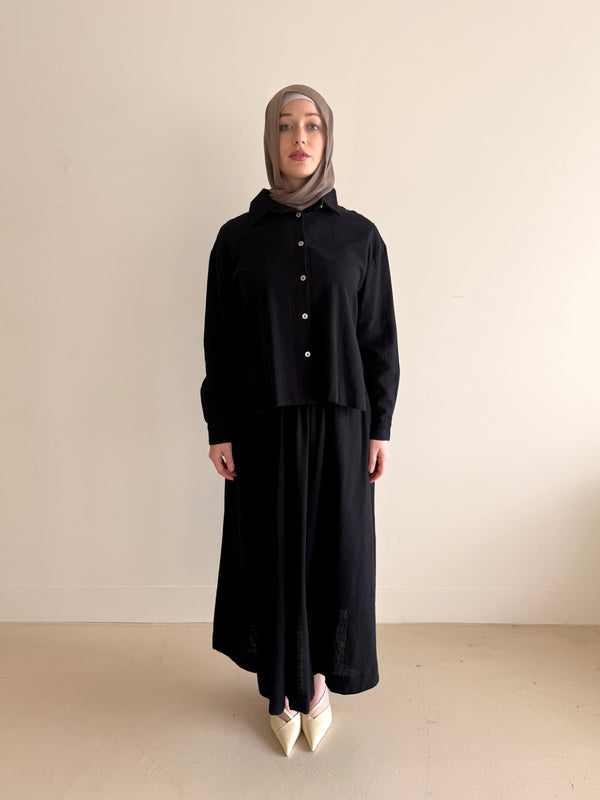 linen blend, modest top and skirt co-ord set, spring/summer in black