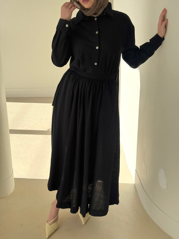 linen blend, modest top and skirt co-ord set, spring/summer in black