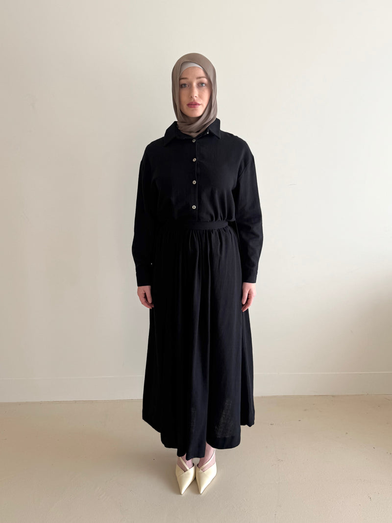 linen blend, modest top and skirt co-ord set, spring/summer in black with hijab