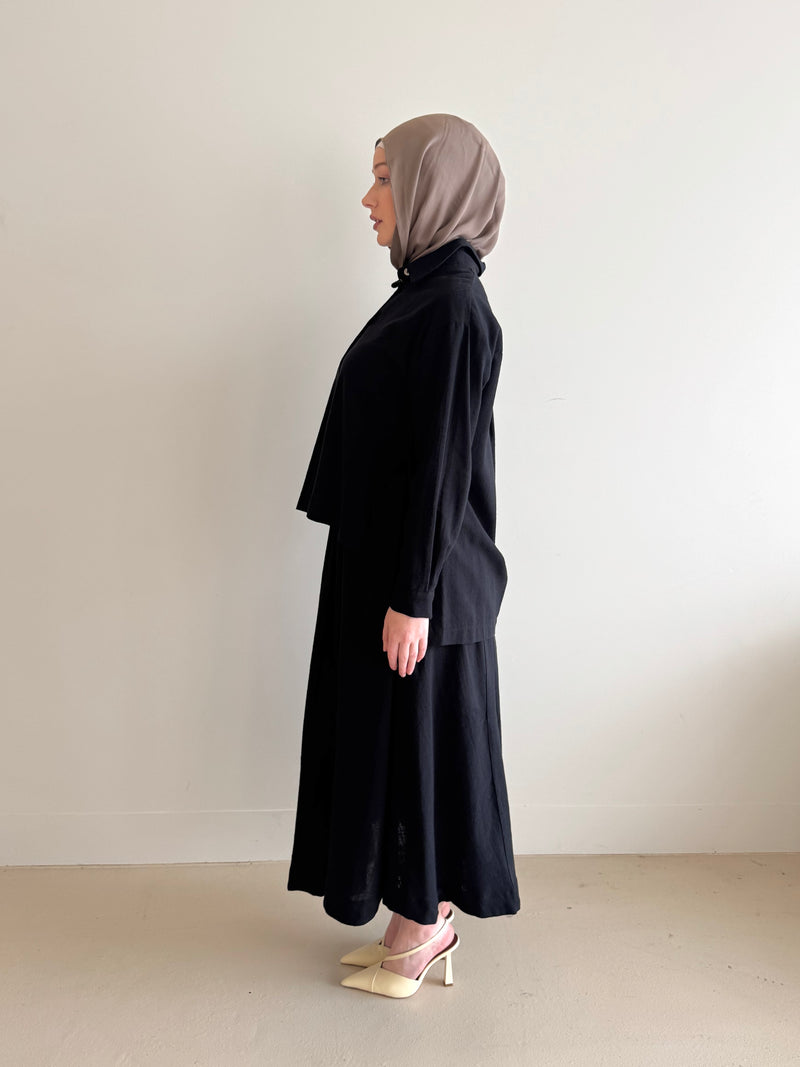 linen blend, modest top and skirt co-ord set, spring/summer in black