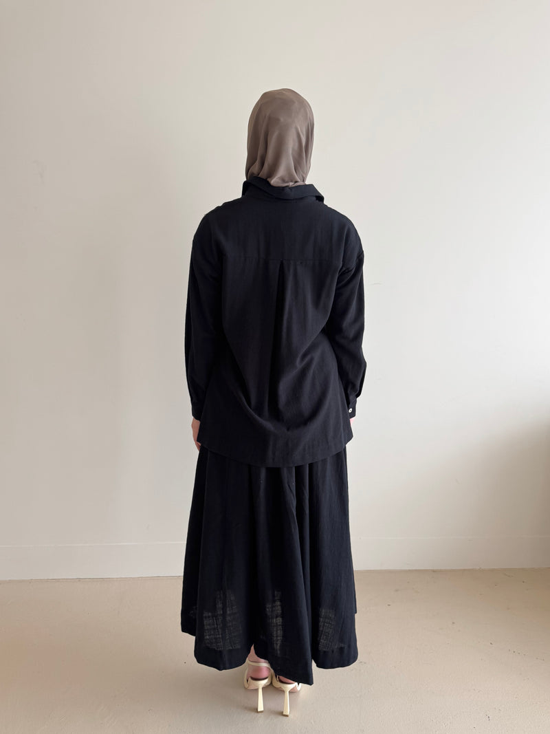 linen blend, modest top and skirt co-ord set, spring/summer in black