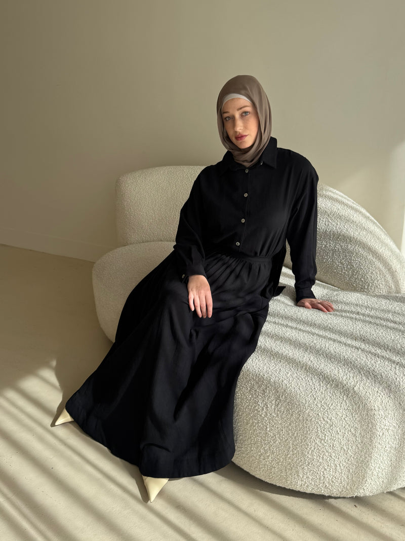 linen blend, modest top and skirt co-ord set, spring/summer in black with hijab, comfortable
